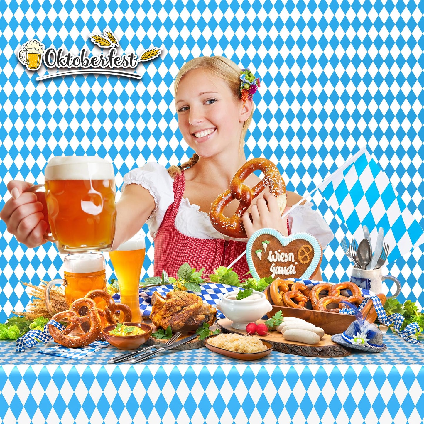 51 in x 98.5 Ft Oktoberfest Plastic Table Cloth Roll with Cutter Box,Disposable Blue and White Diamond Table Cloth,Waterproof Bavarian Flag Tablecover for German Oktoberfest Party Decorations