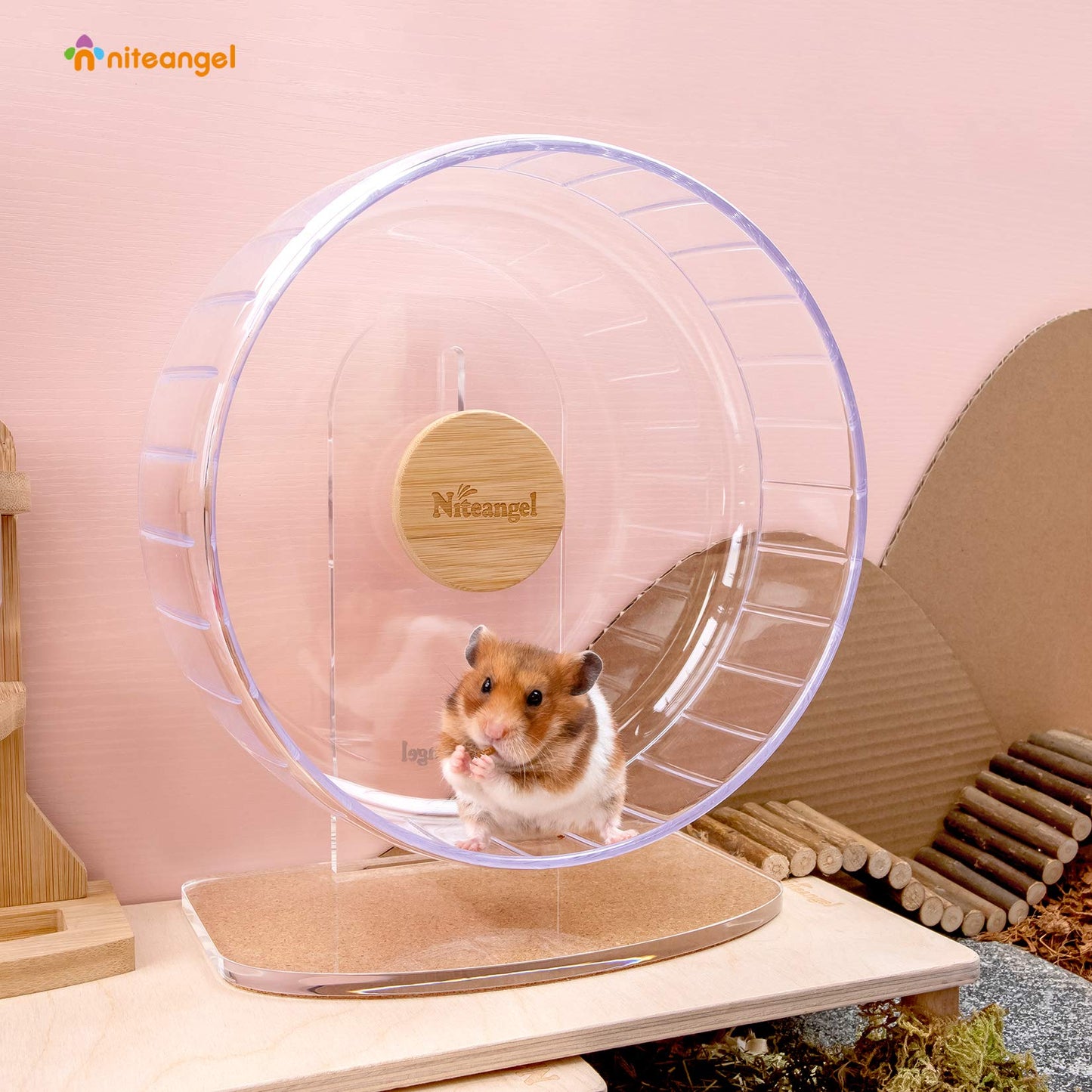 Niteangel Super-Silent Hamster Exercise Wheels - Quiet Spinner Hamster Running Wheels with Adjustable Stand for Dwarf Syrian Hamsters Gerbils Mice Or Other Small Animals (Transparent, Medium)