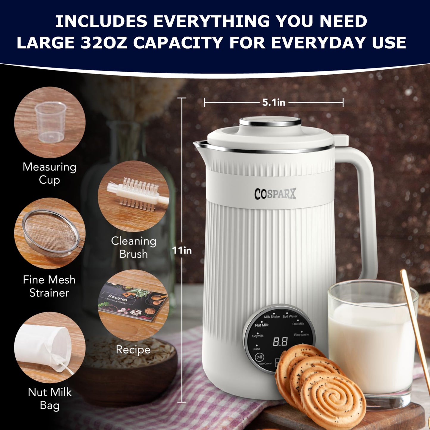 8 in 1 Nut Milk Maker Machine Blender, 32oz Homemade Soy, Almond, Oat, Coconut, Plant Based and Non Dairy Beverages, Nutmilk Maker Machines – with Delay Start and Keep Warm Functions