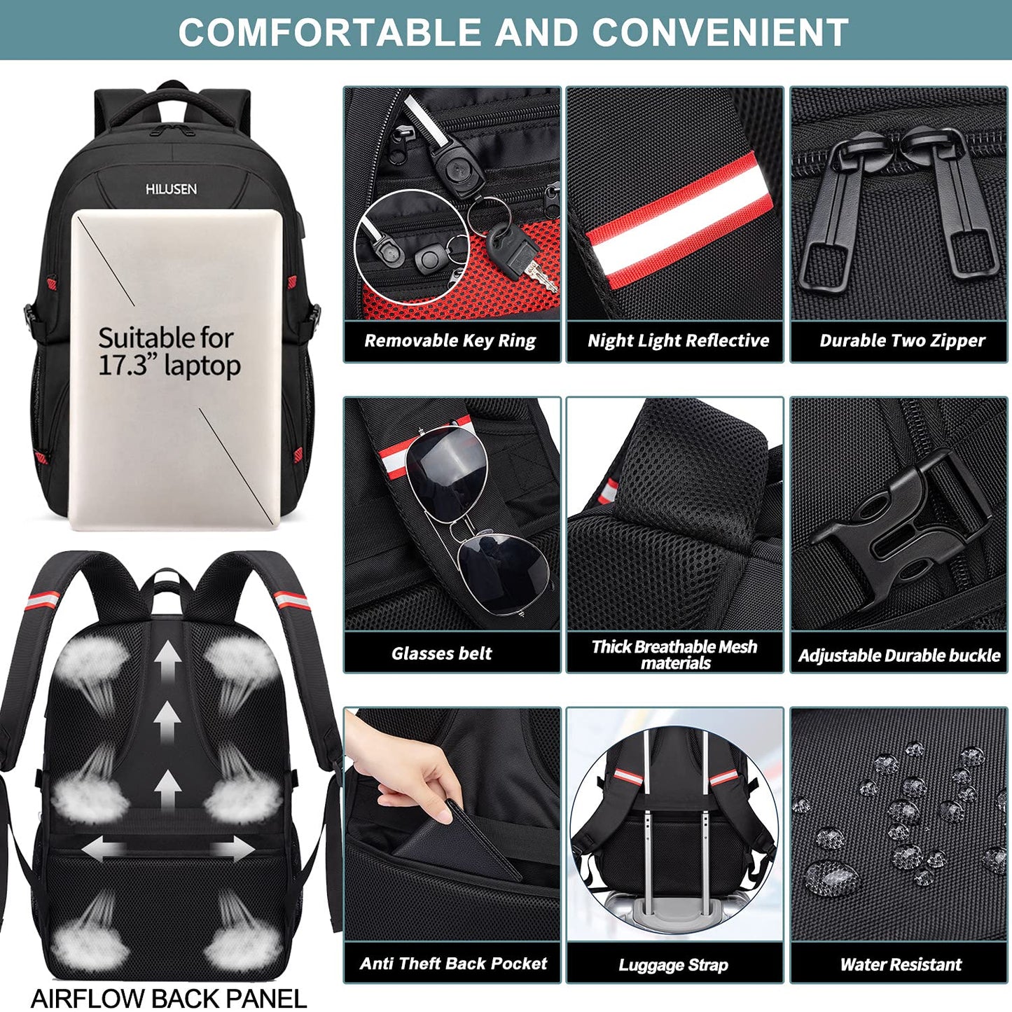 Extra Large Travel Laptop Backpack 50L,Lunch Backpack Business Work Backpack for Men Women with USB Charging Port,Water Resistant TSA Friendly Big 17.3 inch Computer Bag College School Bookbags Black