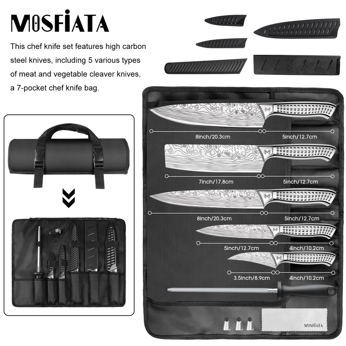 MOSFiATA Kitchen Knife Set, 10 Pcs Japanese Stainless Steel Knife Sets for Kitchen with Oxford Cloth Storage Bag with Knife Sharpening Rod, Dishwasher Safe, for Outdoor