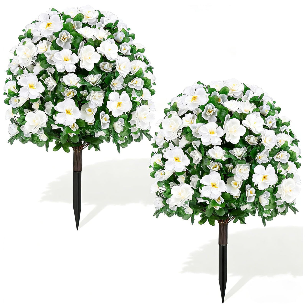 2 Pack Artificial Azalea Topiary Ball Trees 24” UV Resistant Silk Flowers Boxwood Shrubs with Ground Spike Realistic Faux Greenery for Outdoor and Indoor Decor