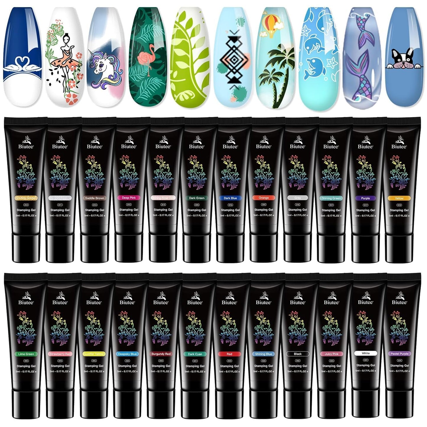 Biutee Nail Stamping Polish Gel Pack of 24 Colors 5ML UV LED Special Polish Gel Printed Nail Polish Gel Polish for nail stamping plate