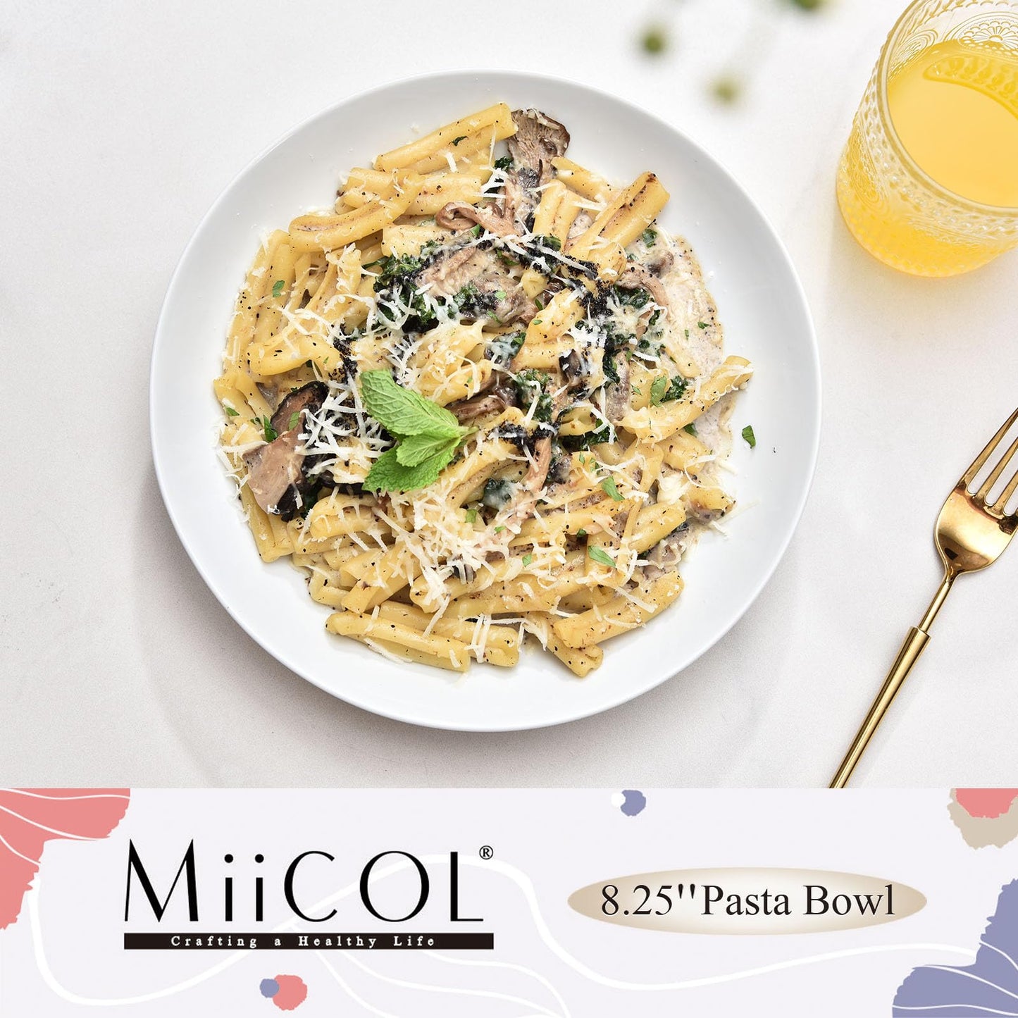 Miicol White Pasta Bowls 28 oz / 800ml, Ceramic Salad Bowls Set of 6, Wide and Shallow Serving Bowl 8.25 inch / 21cm, Large Pasta Plates, Serving Dish for Soup, Dinner, Microwave and Dishwasher Safe