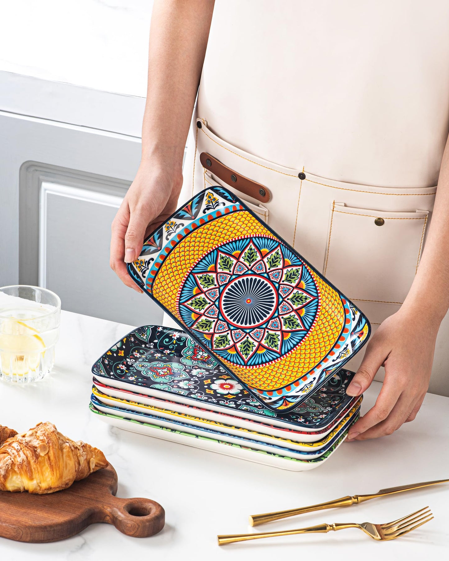 HENXFEN LEAD 10 Inch Rectangular Dinner Plates Set of 6 – Colorful Boho Design Porcelain Plates for Salad, Appetizer, Sushi & Dessert – Microwave, Oven & Dishwasher Safe