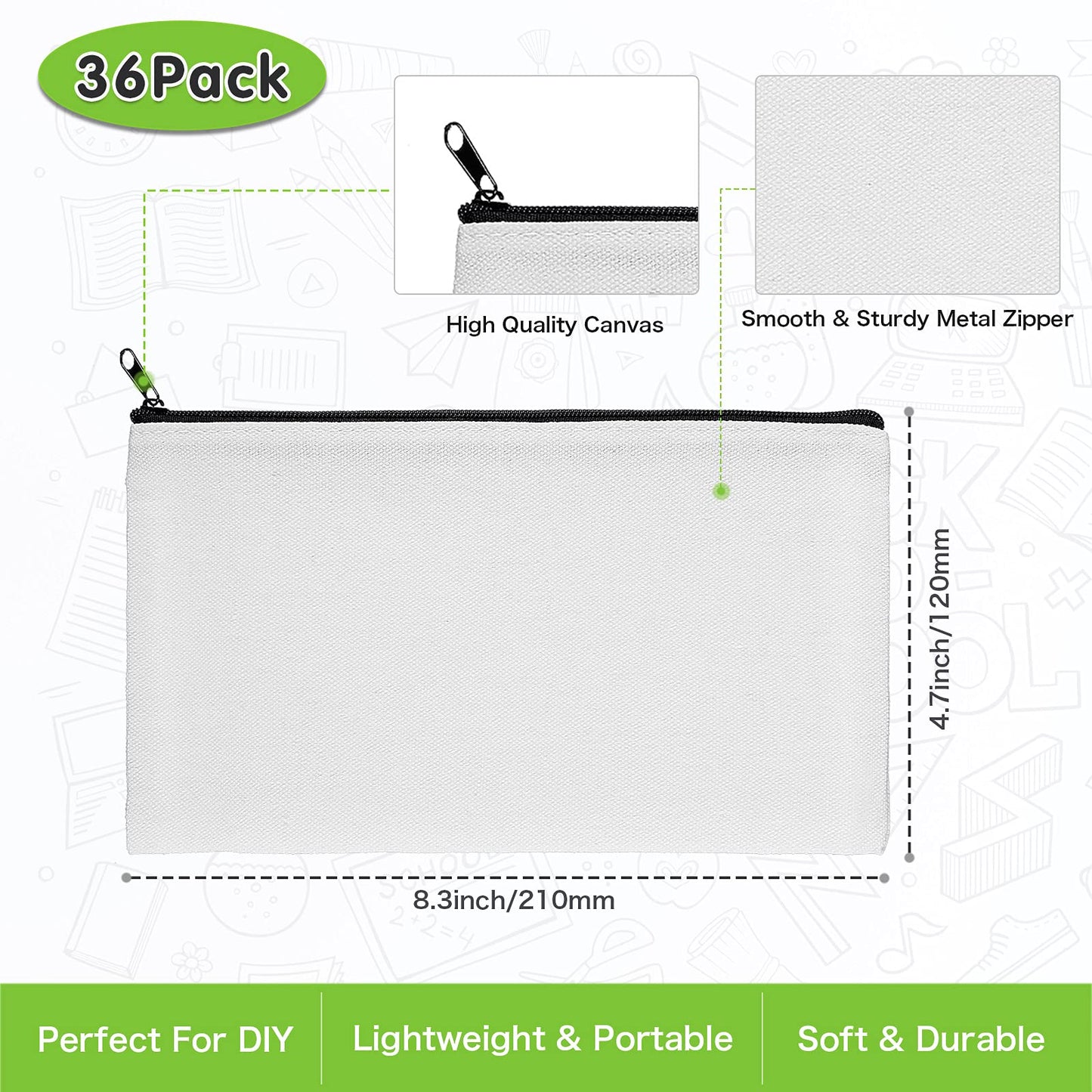 Tenare Sublimation Blank Bag Canvas Zipper Pouch Blank Makeup Bag Canvas Double-Side Pencil Case for Painting DIY, 8.3 x 4.7 Inches(24 Pieces)