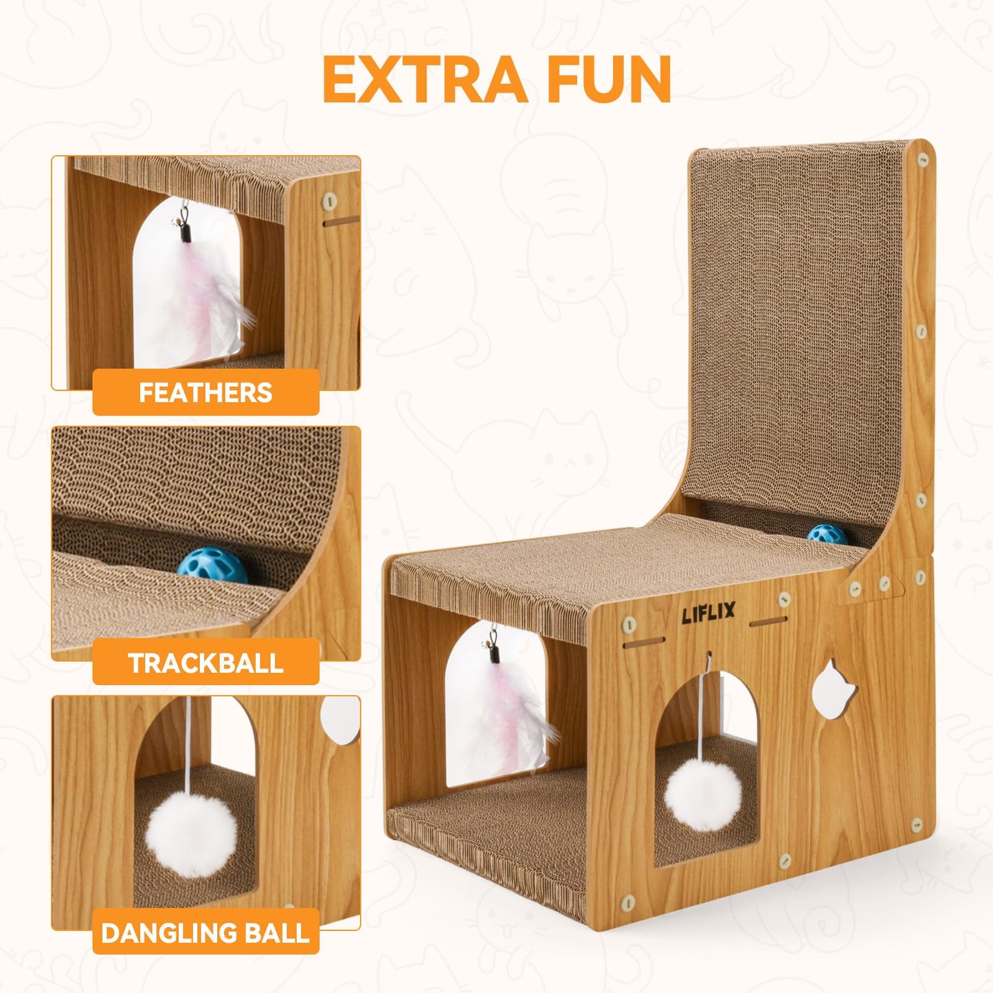LIFLIX Double-Layer L-Shaped cat Scratching Board, Cardboard cat Scratching Post with Toys, Hideaway & Cat Scratcher for Indoor Cats to Scratch, Rest, Play