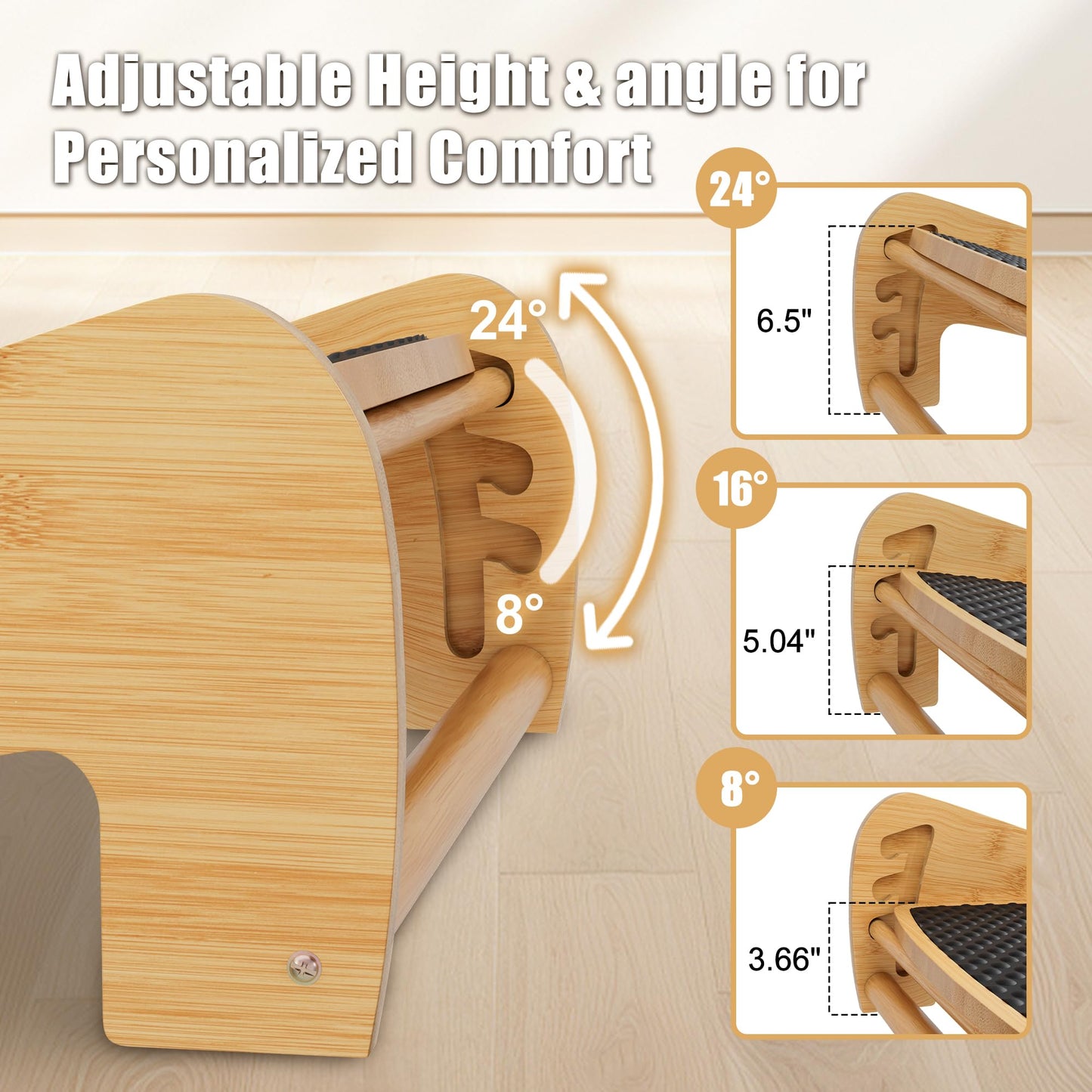 WWMFS Upgraded Under Desk footrest- Bamboo Ergonomic Adjustable Footrest with 3 Height & Angle Settings,Pebble Massage Surface for Improved Posture and Blood Circulation,Home & Office