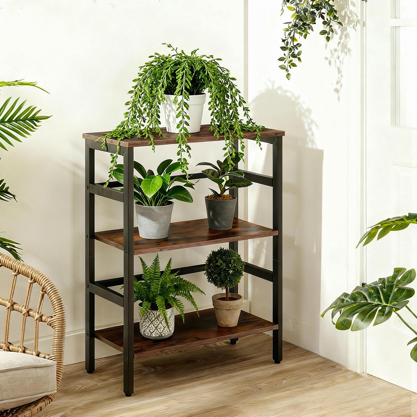 HOOBRO 3 Tier Bookshelf, 60 cm Industrial Bookcase, Record Storage Rack with Side Fence, Storage Shelf with Metal Frame, Rustic Open Display Shelf for Living Room, Bedroom, Rustic Brown BF86CJ01G1