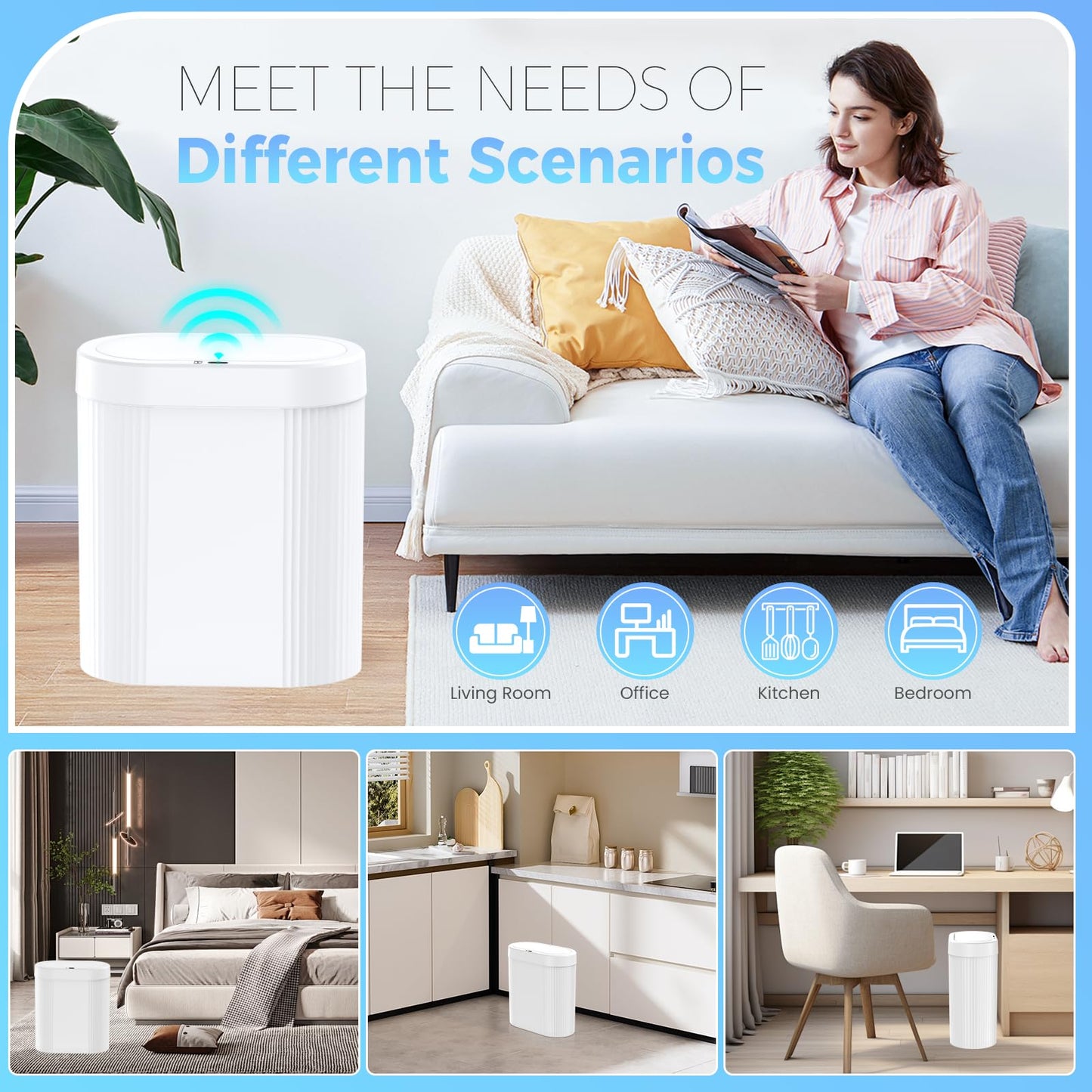 5 Gallon Bathroom Trash Can with Lid, Automatic Motion Sensor White Trash Can, Touchless Slim Waterproof Garbage Bin for Kitchen, Bedroom, Office, and Bathroom