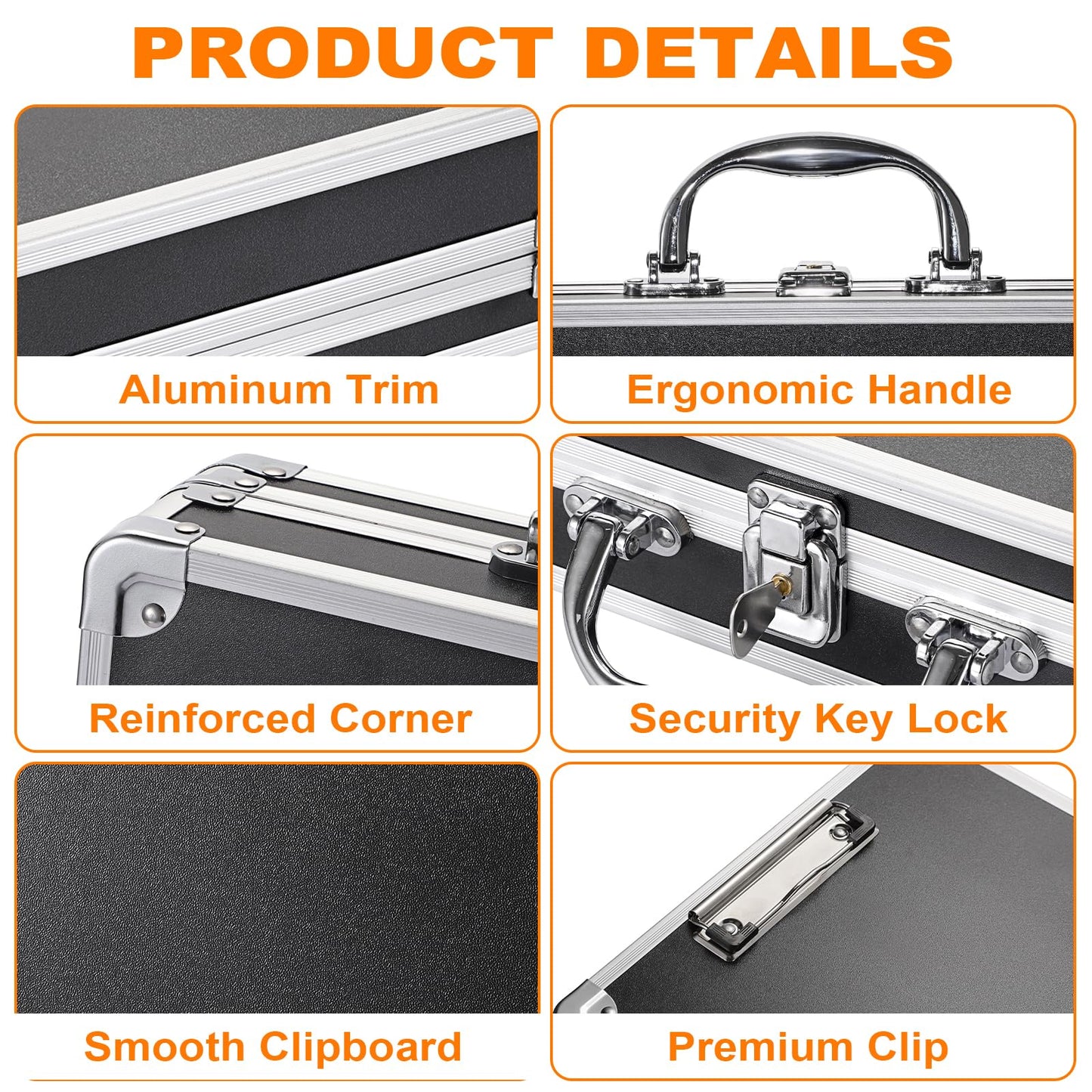 JuxYes Locking Clipboard Storage Box with Handle and Key, Aluminum Clipboard Case Portable Small Briefcase with Binder, Metal Letter Size Paper Organizer for Office Business Men, Silver Black