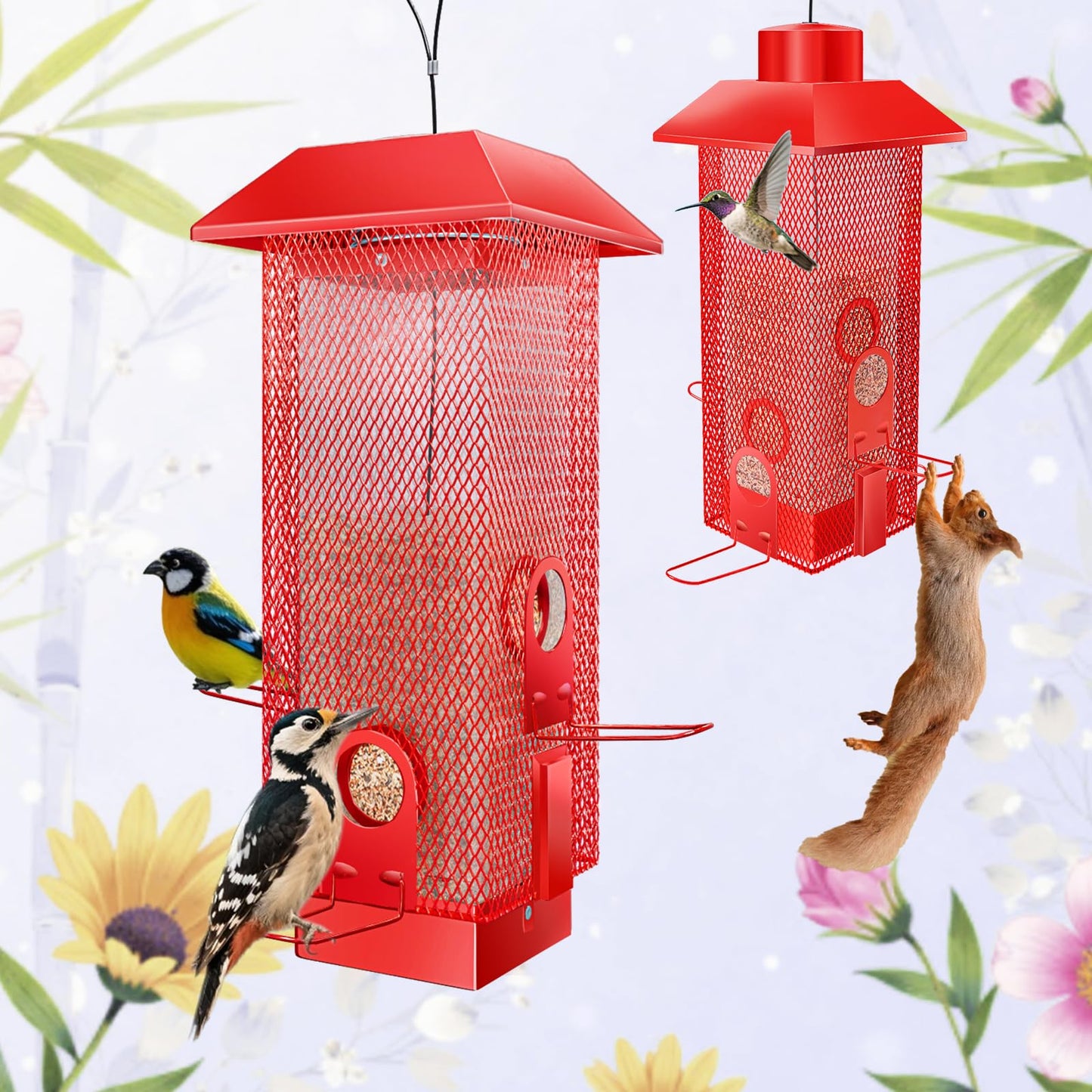 Squirrel Proof Bird Feeder,2.5Lbs Bird Feeders for Outdoors Hanging, Metal Birds Feeder with 4 Feeding Ports, Wild Birds Feeder for Cardinal, Finch, Sparrow (Red)