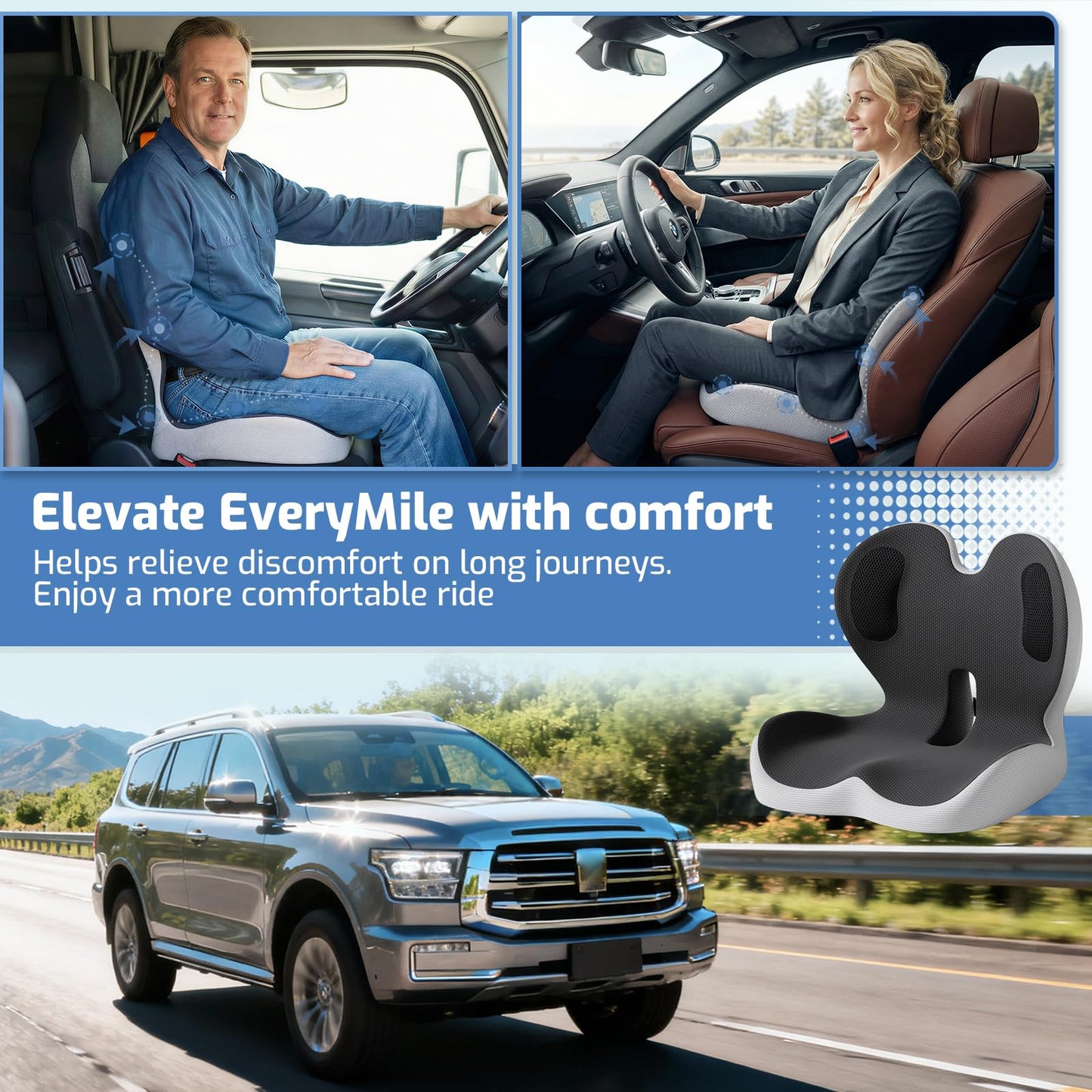 ECONVCE Memory Foam Seat Cushion,Car Chair Cushion with Lumbar Support,Ergonomic Seat Cushion for Sciatica,Back Pressure Pain Relief for Office,Car,Truck