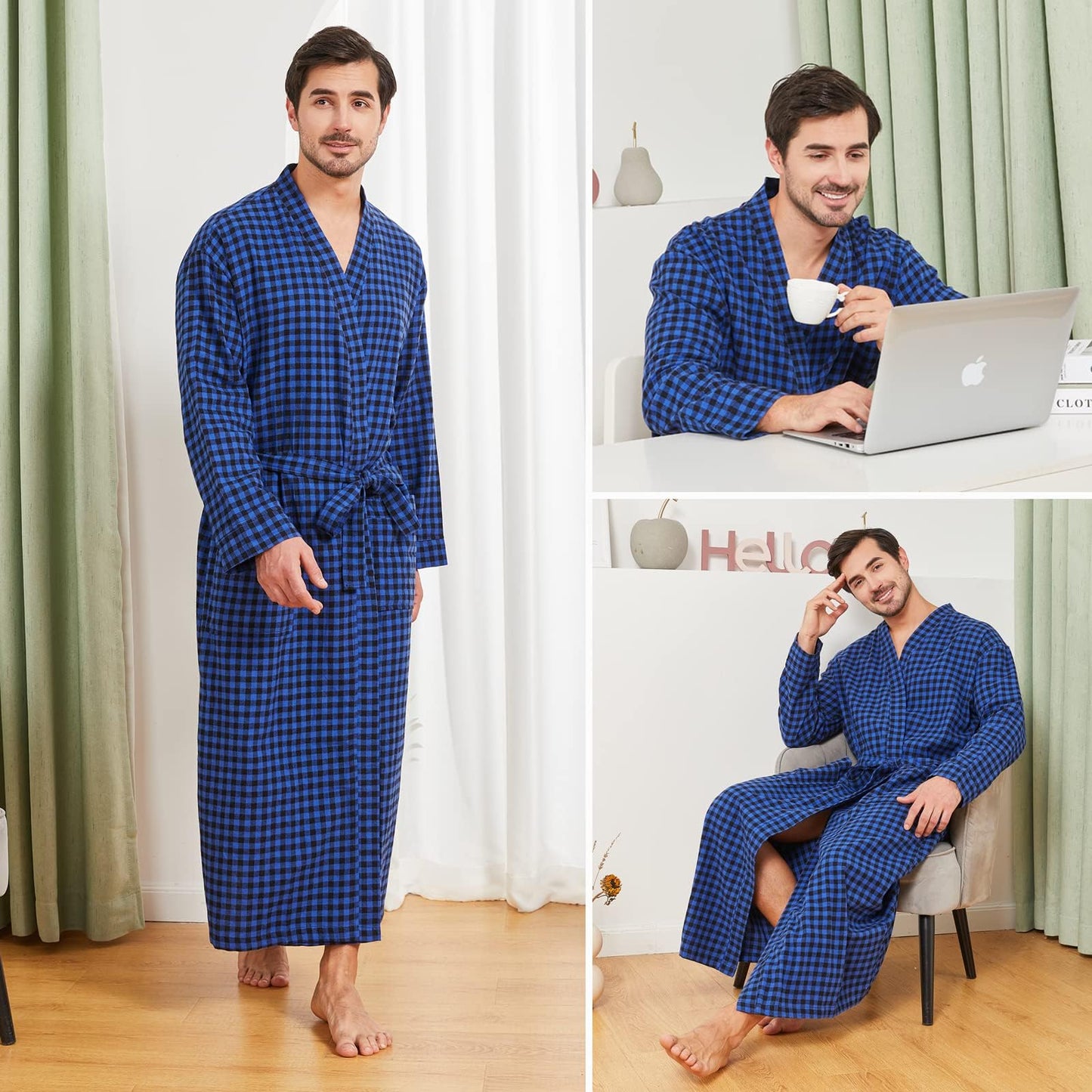 FashGudim Mens Buffalo Plaid 100% Cotton Flannel Shawl Collar Robe Lightweight Full Length Bathrobe Loungewear House Robes, Black/Blue, Large-X-Large Big Tall