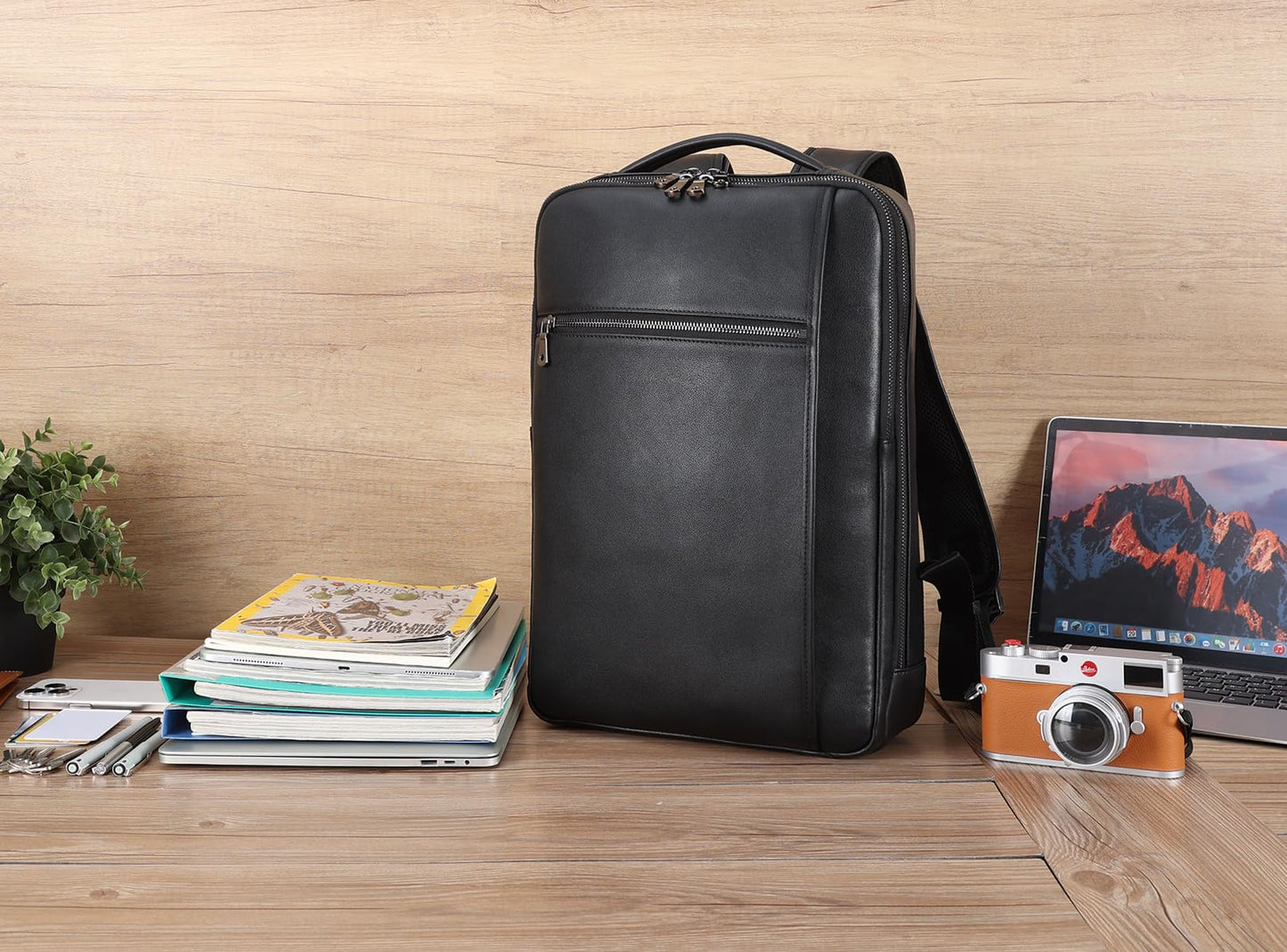 Masa Kawa Slim Genuine Leather Business Backpack for Men Women 15.6" Laptop Bag Office Work Travel Small Thin Computer Casual Daypack, Black