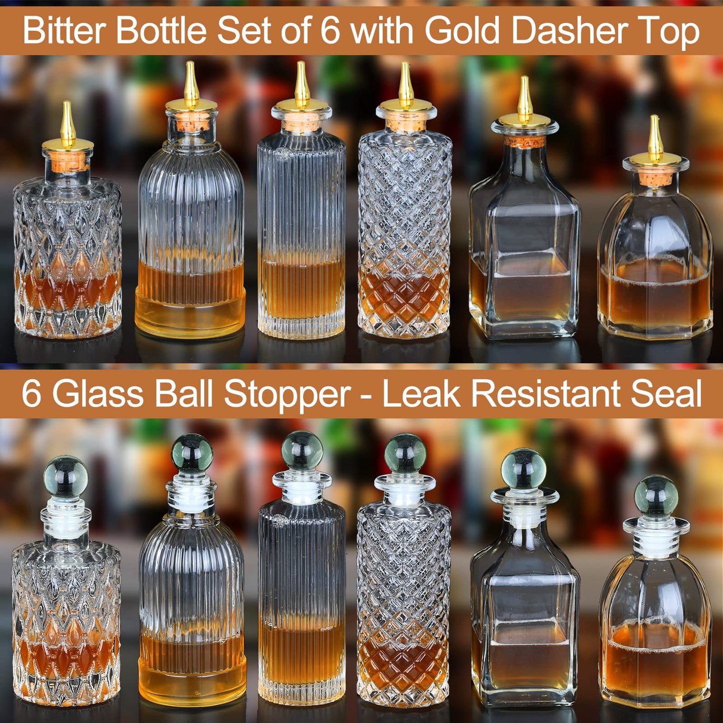 Bitters Bottle Set of 6 - Glass Dasher Bottles to Store and Dash Cocktail Bitter Ingredients Dispenser Bottles with Dash Top and Stoppers with Tray