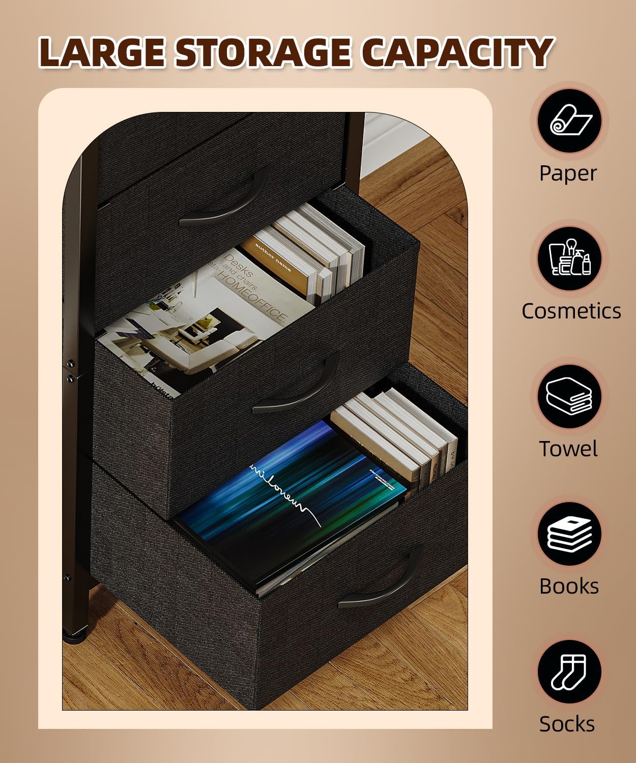 KitMent 5 Drawers Dresser, 47'' Tall Dressers for Bedroom, Storage Cabinete Chest of Drawers, Commode De Chambre for Entryway, Living Room, Bedside, Closet, Fabric Wooden Dresser Bins, Black