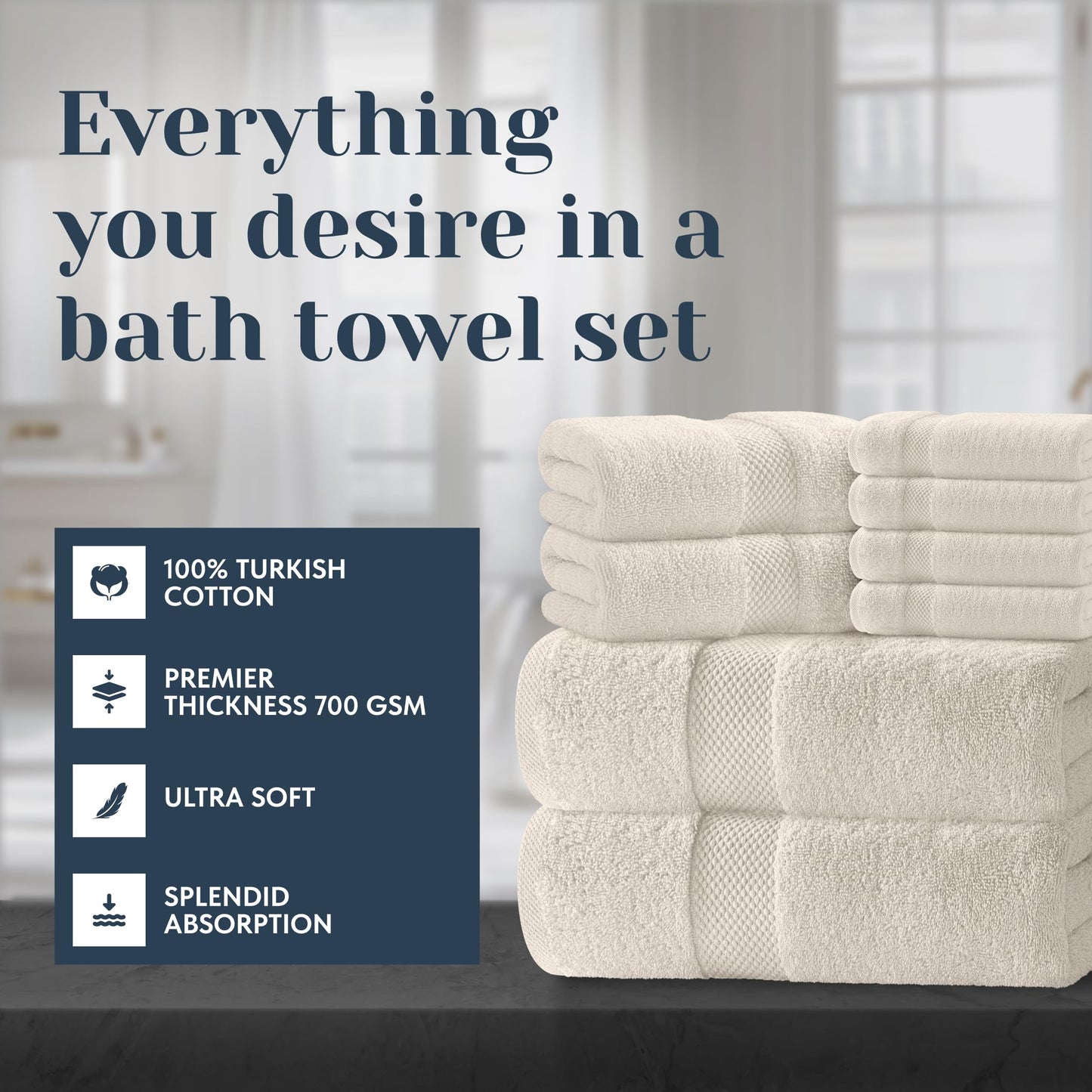 White Classic Luxury Ivory Bath Towel Set - Combed Cotton Hotel Quality Absorbent 8 Piece Towels | 2 Bath Towels | 2 Hand Towels | 4 Washcloths [Worth $72.95] 8 Pack | Ivory