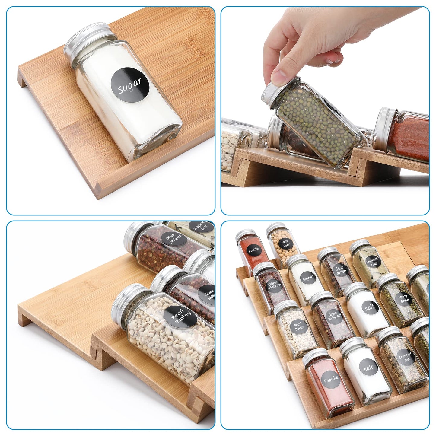 DEWVIE Bamboo Spice Rack for Drawer - Adjustable 4 Tier Spice Rack Drawer Organizer for Kitchen Cabinet Drawer Storage, Expandable 13" to 26"