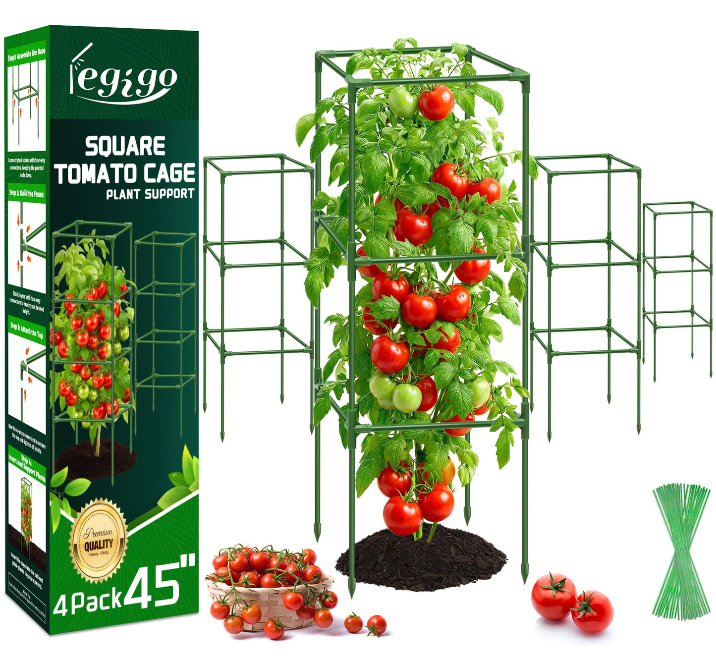 Legigo 4 Pack Square Tomato Cages for Garden- Up to 45 Inch Tomato Trellis Plant Cages Support, Tomato Stakes and Supports Cage for Climbing Vegetables Raised Garden Bed Cucumbers Peppers Flowers
