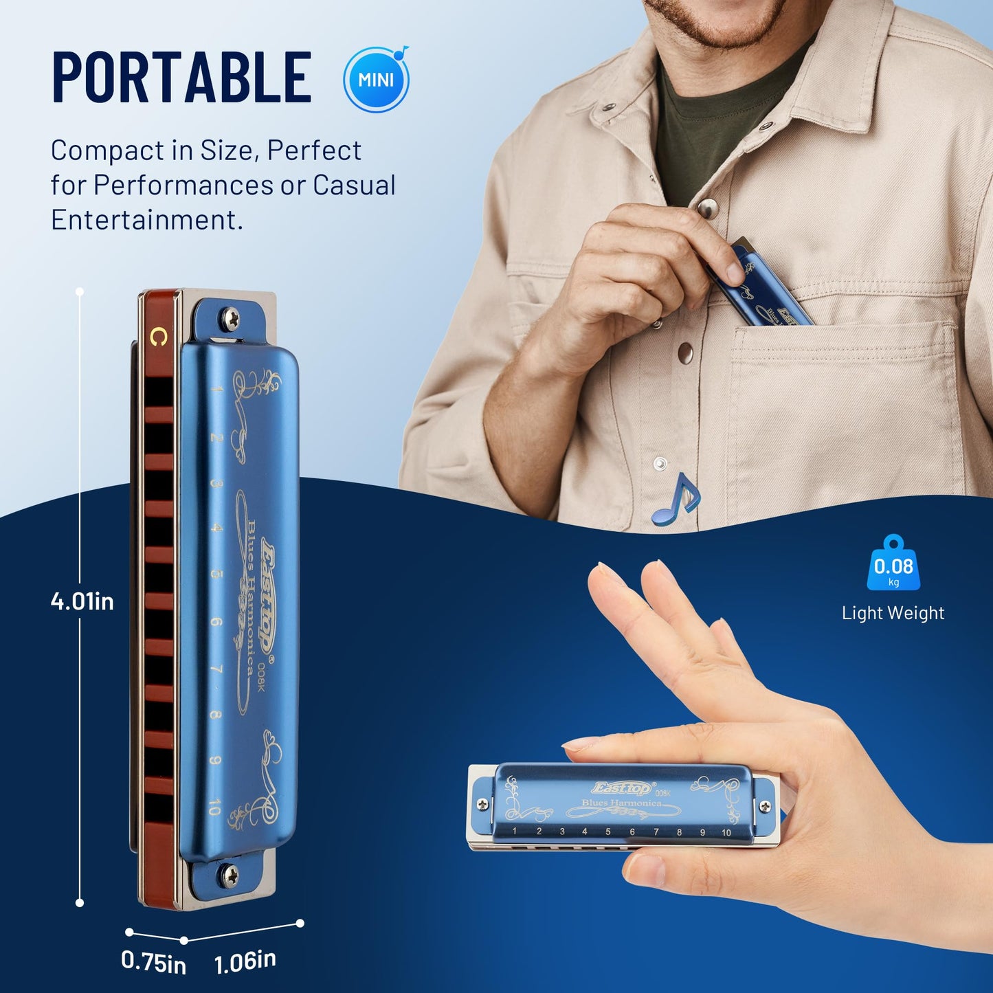 East top Harmonica C, Blues Harmonica Key of C 10 Hole 20 Tone Blues Mouth Organ Diatonic Harmonica Adult Musical Instrument for Professional Player, Beginner, Students (Blue)