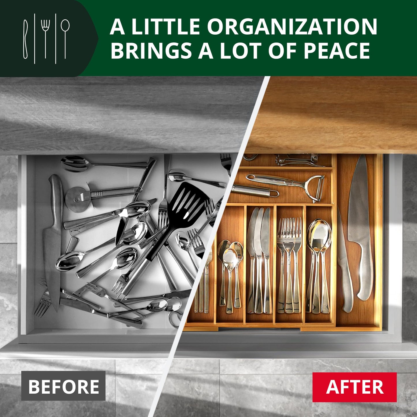 Luxury Cutlery Drawer Organizer - Utensil Holder & Kitchen Drawer Organizer, Bamboo Expandable 9 Slots Silverware Drawer Organizer For Kitchen, Slip Resistant For Flatware & Kitchen Utensils, Natural