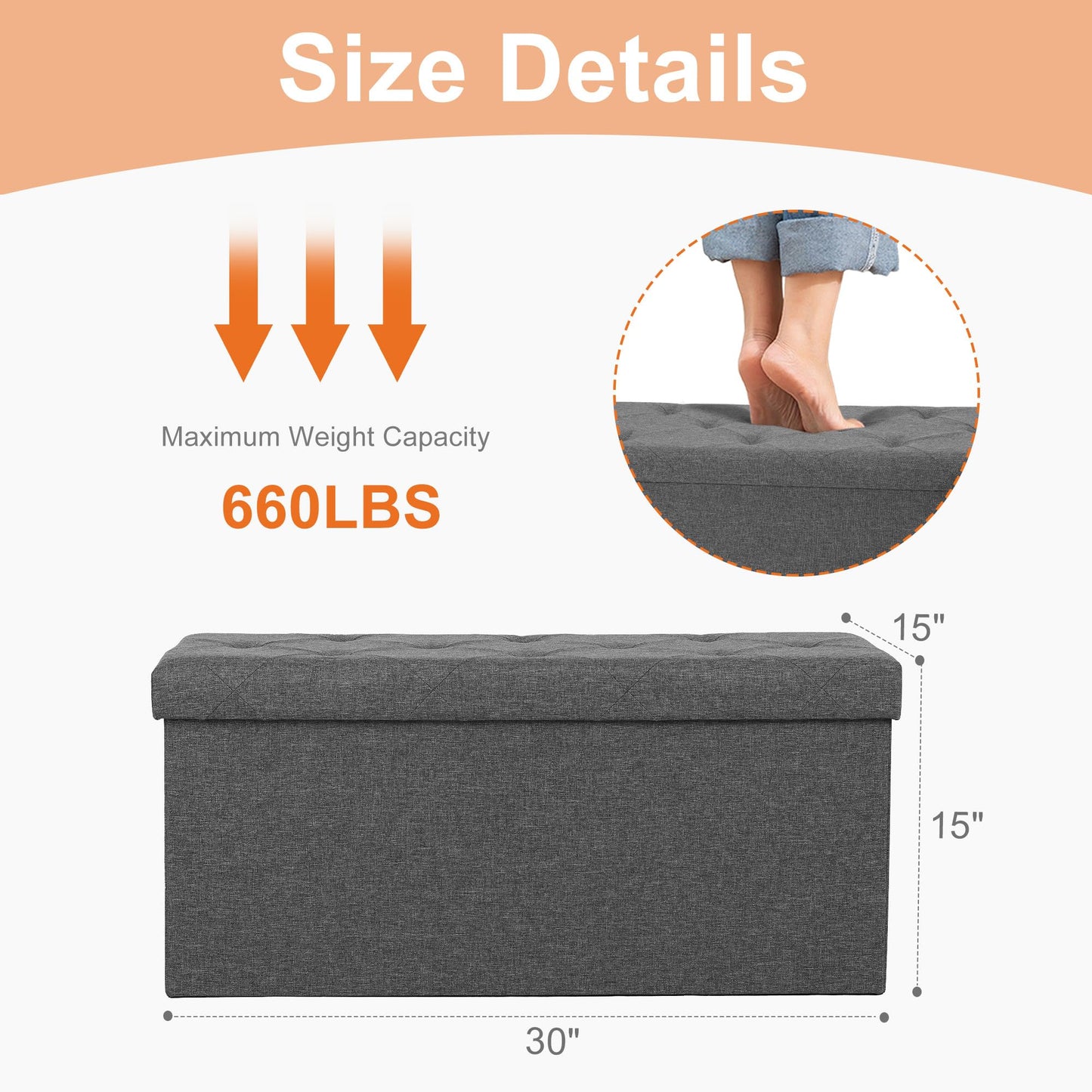 Sweetcrispy Folding Storage Ottoman Bench, Light Grey, Entryway Bench for Living Room, Ottomans with Storage for Bedroom, Heavy Duty 660 lbs Load Capacity, Linen Footrest Seat