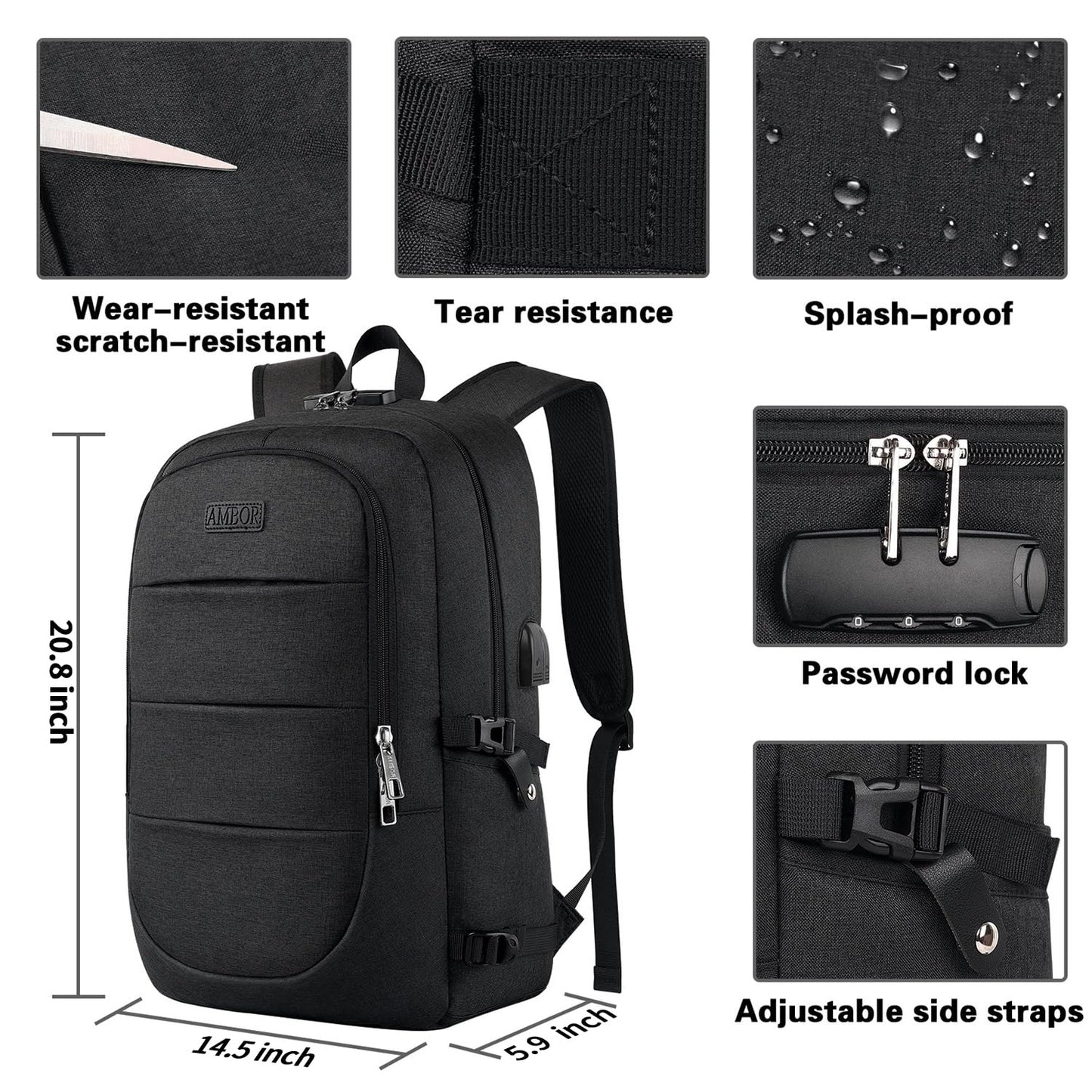 AMBOR Travel Laptop Backpack,18.4 inch Anti Theft Business Laptop Carry on Backpack with USB Charging Port and Headphone Interface, Backpack for Men & Women,Black