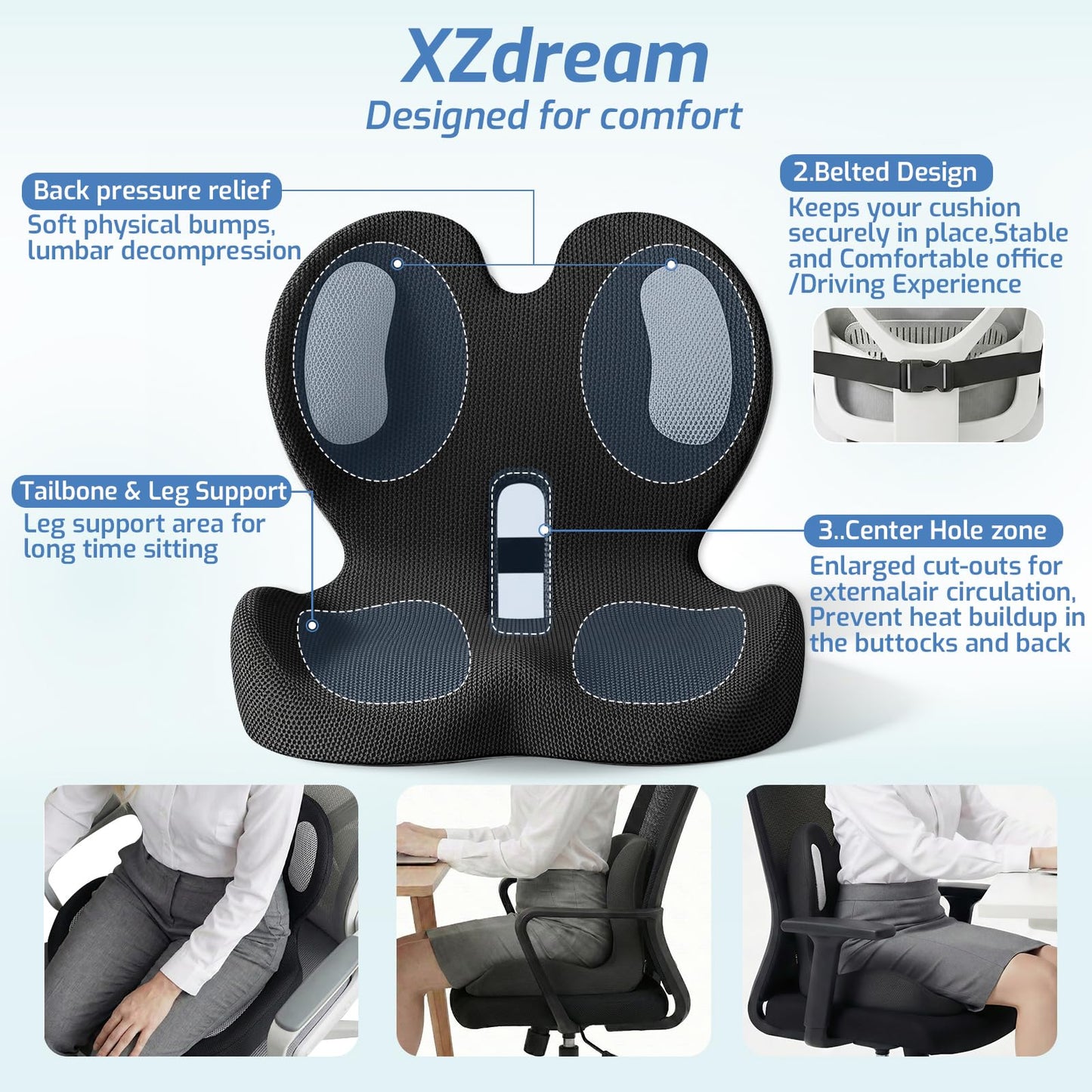 Ergonomic Seat Cushion,Memory Foam Cushion for Office Chair,Non Slip Car Seat Cushion,Designed for Long Sitting,Tailbone,Back Pain Relief,for Office,Home,Car Drivers,Desk Chair