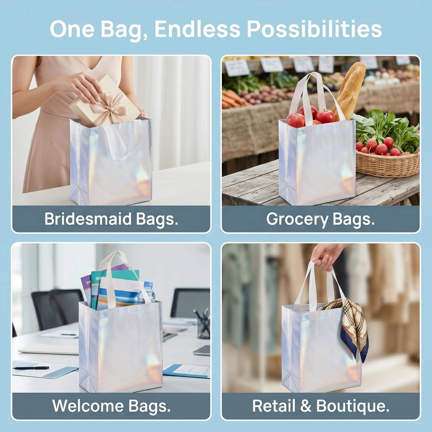 TOPZEA 40 Pack 10 x 8 Inch Glossy Reusable Grocery Bags, Non-woven Tote Shopping Bags with Handle, Bridesmaid Bag Stylish Foldable Gift Goodie Bag for Small Business, Wedding, Easter, Birthday