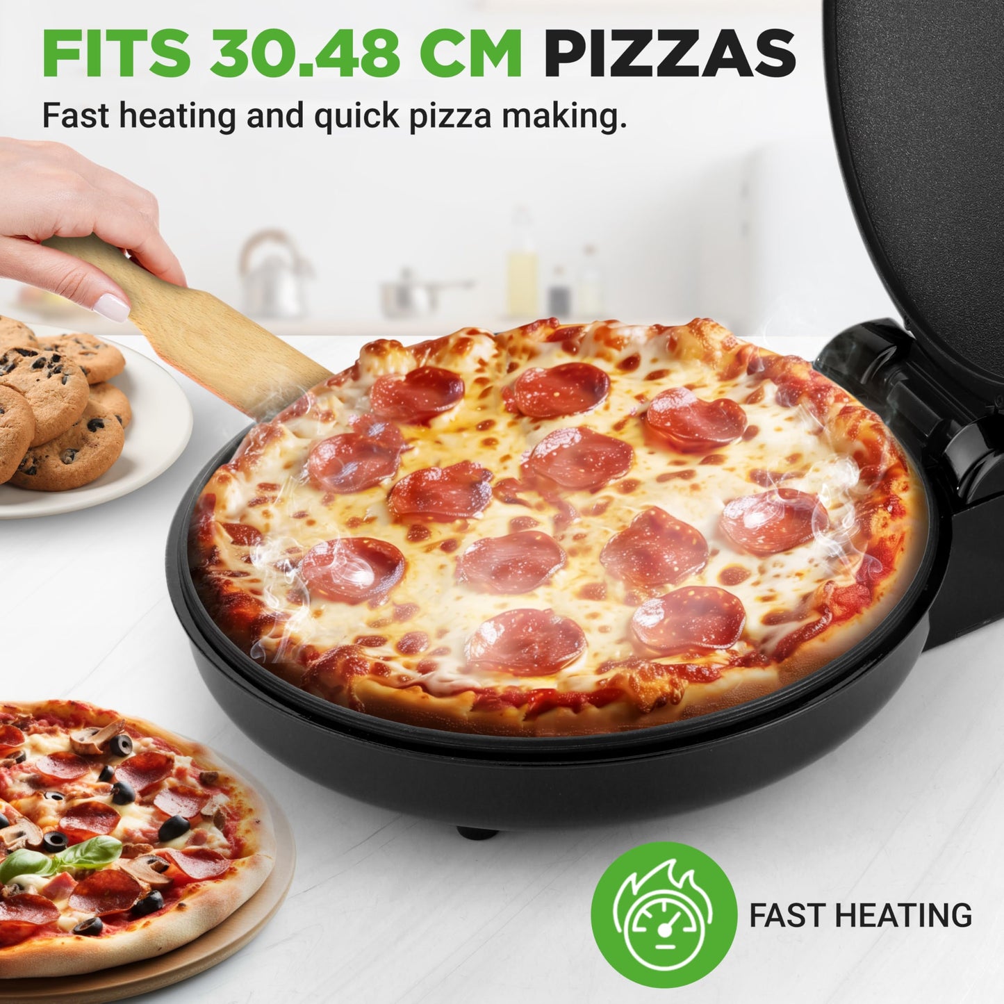 NutriChef Countertop Pizza Maker 1500W Non-Stick Electric Pizza Cooker Temp Control Handle Make 12" Pizzas, Eggs, Toast & More Cool-Touch Handles, Compact 175–400°F Black
