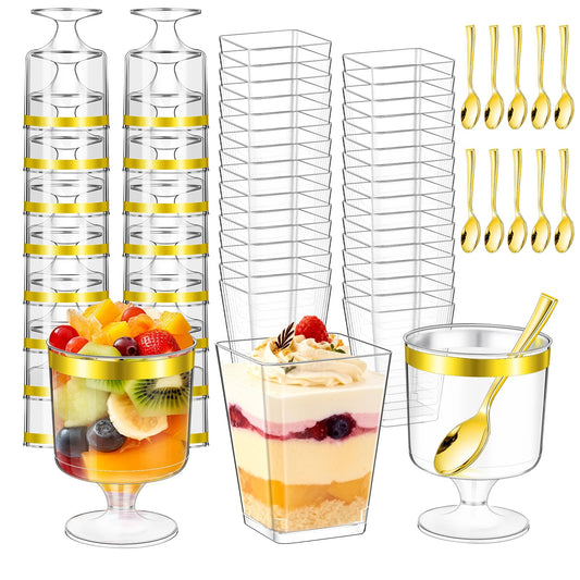 Mwellewm 300Pcs Dessert Cups 5 OZ Parfait Cups Small Plastic Desert Cups with Spoons Clear Mini Serving Shooter Cups Glasse Round Goblet with Gold Edge for Party Appetizer Fruit Ice Cream Cake Pudding