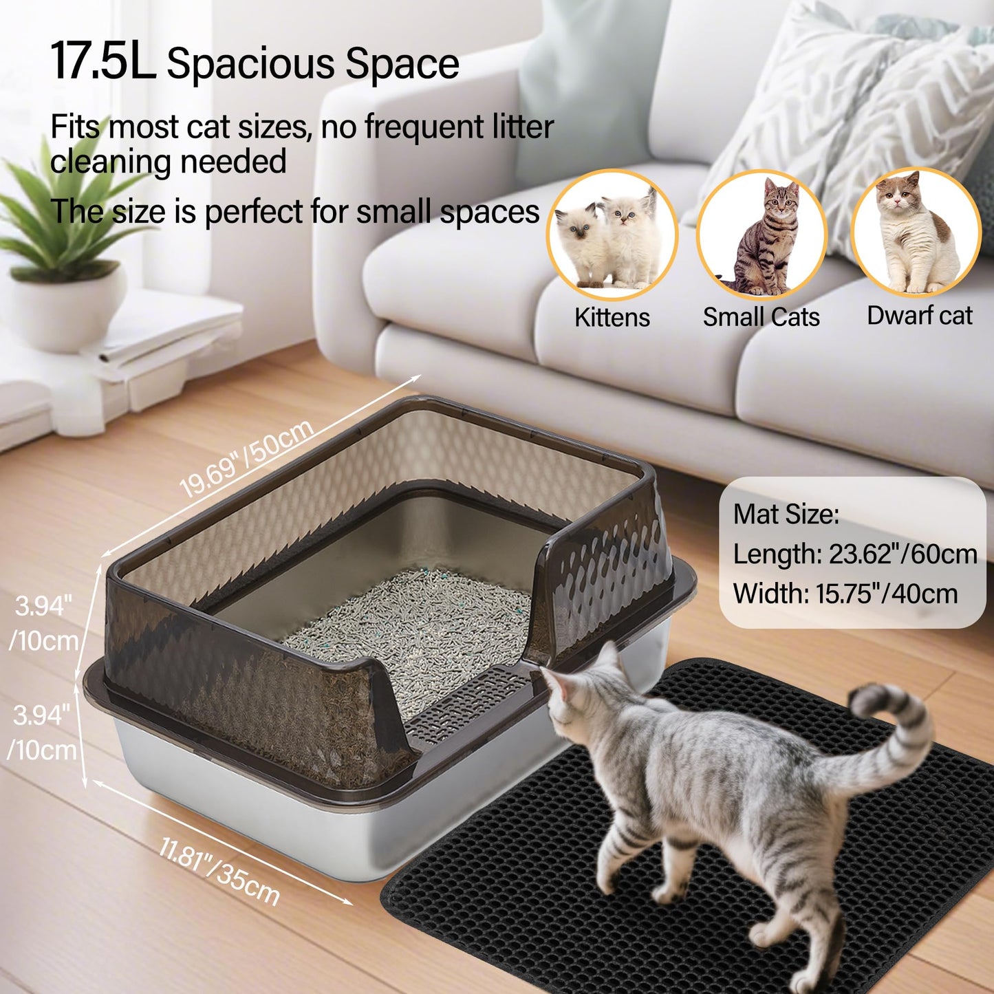 Kittenhood Low Entry Enclosed Stainless Steel Cat Litter Box with Lid Scoop and Pads, 50cm* 35cm* 20cm Transparent Black Standard Easy Clean Metal Kitty Kitten Litter Box