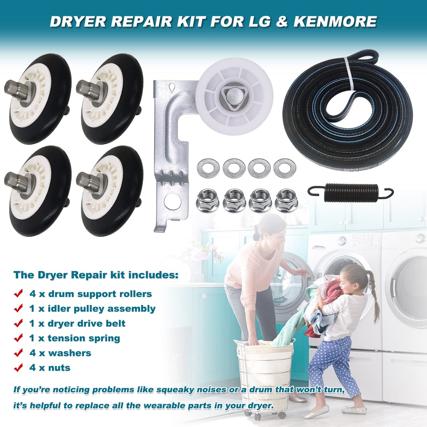 4581EL2002C Dryer Drum Roller Assembly 4400EL2001A Dryer Belt 4561EL3002A Dryer Motor Idler Pulley and Tension Spring - Dryer Repair Kit for LG Kenmore Replace 4581EL2002A 4561EL3002B 4400EL2001C