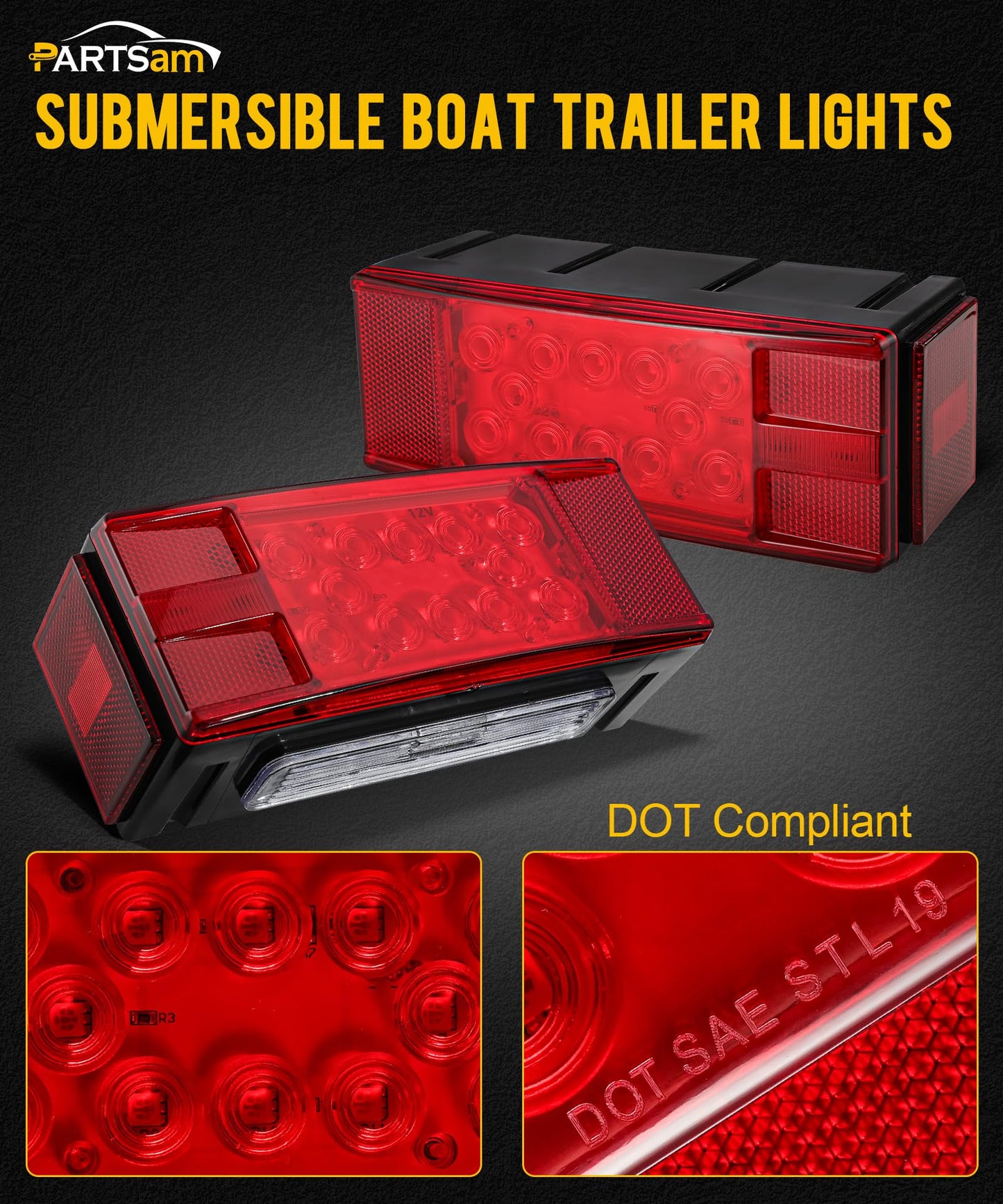Partsam 12V LED Low Profile Waterproof Rectangular Trailer Light Kit, Waterproof LED Combination Trailer Tail Light Kit Stop Brake License Plate Turn Running Lights Boat Trailer Lights Truck Marine