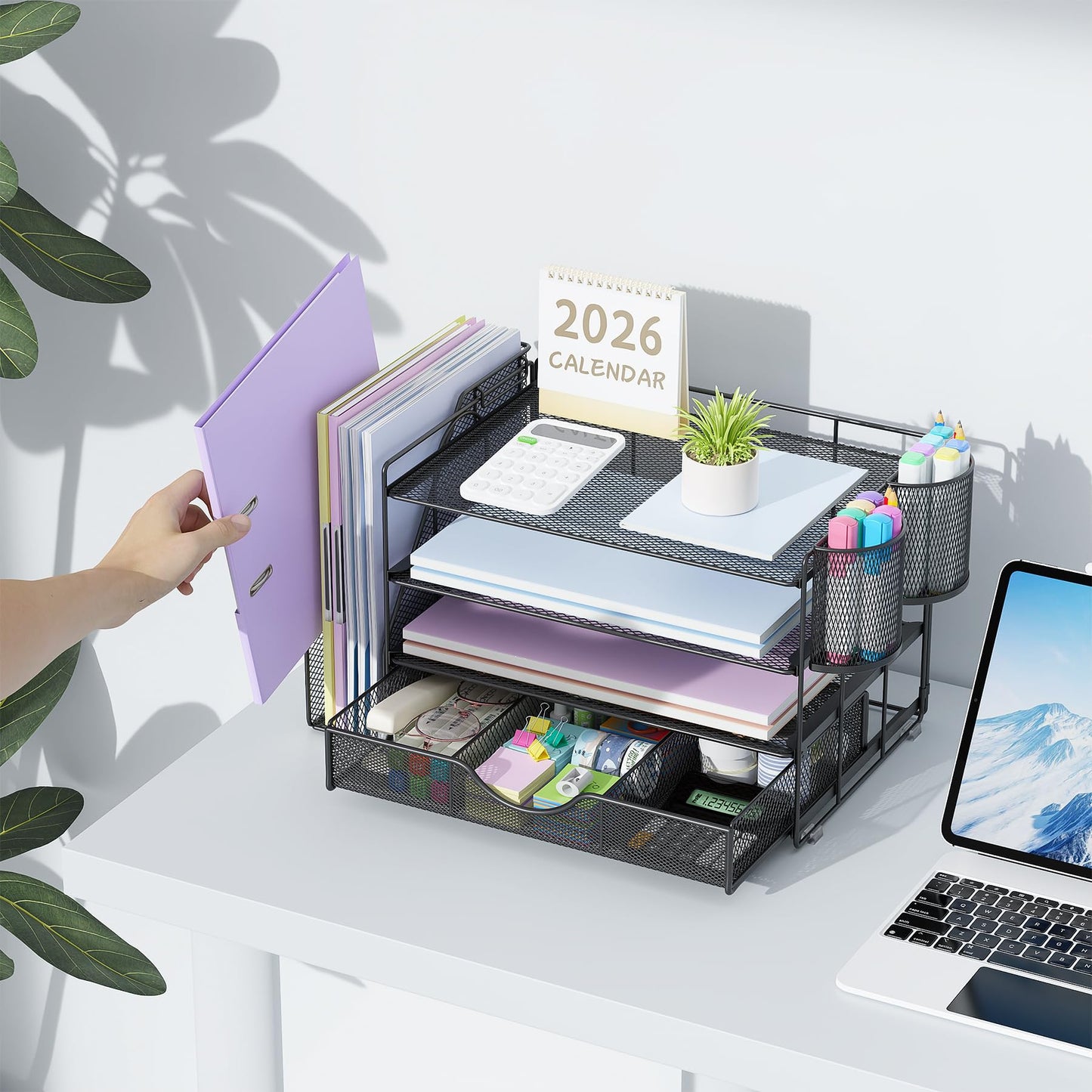 Desk Organizer with File Holder, 4-Tier Paper Tray with Drawer and 2 Pen Holders, Mesh Office Desk Accessories with Magazine File Holder, Desk Tidy for Office Supplies (Black)