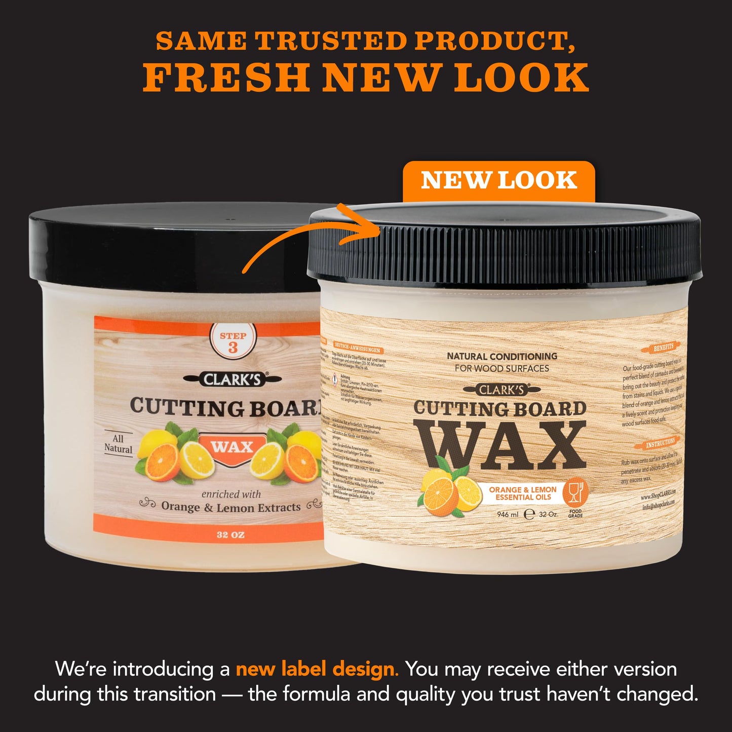 CLARK'S Cutting Board Wax, 946 mL - 2 in 1 Wood Butter & Food Grade Mineral Oil with Beeswax – Butcher Block Conditioner for Cutting Boards – Orange & Lemon Essential Oil Scent