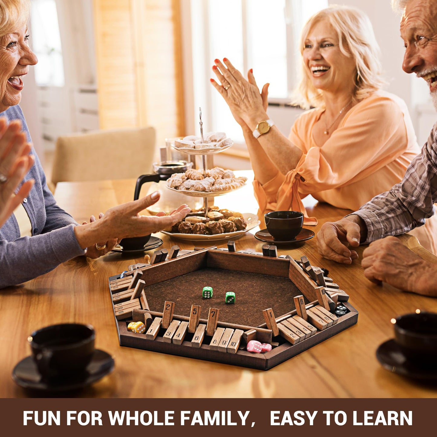 ropoda 6-Way Shut The Box Game-Upgraded 1-6 Player Wooden Dice Game for Adults and Kids, Addition Training, Fun for Family Game Night-Vintage Style