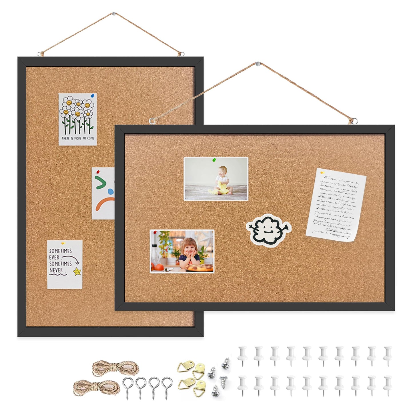 Yunihome Cork Bulletin Board, 13''x18''-2pack Hanging Cork Board Wooden Framed with Pins for Wall, Dorm Room, Office, Home Decor – Natural Cork & Black Frame