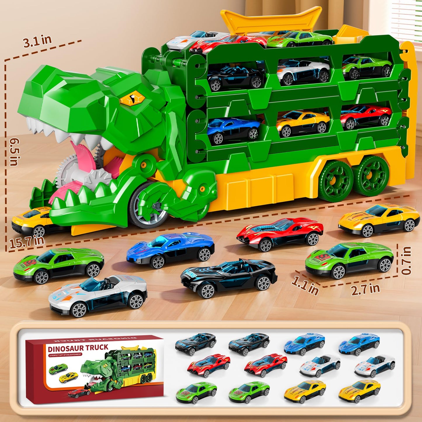 Ci vetch Dinosaur Race Track Toys for Ages 3-4 4-6, 59-inches Transport Dinosaur Truck with 12 Die-cast Cars, Carrier Truck Toy Birthday Gifts Toys for 3 4 5 6 Year Old Boy