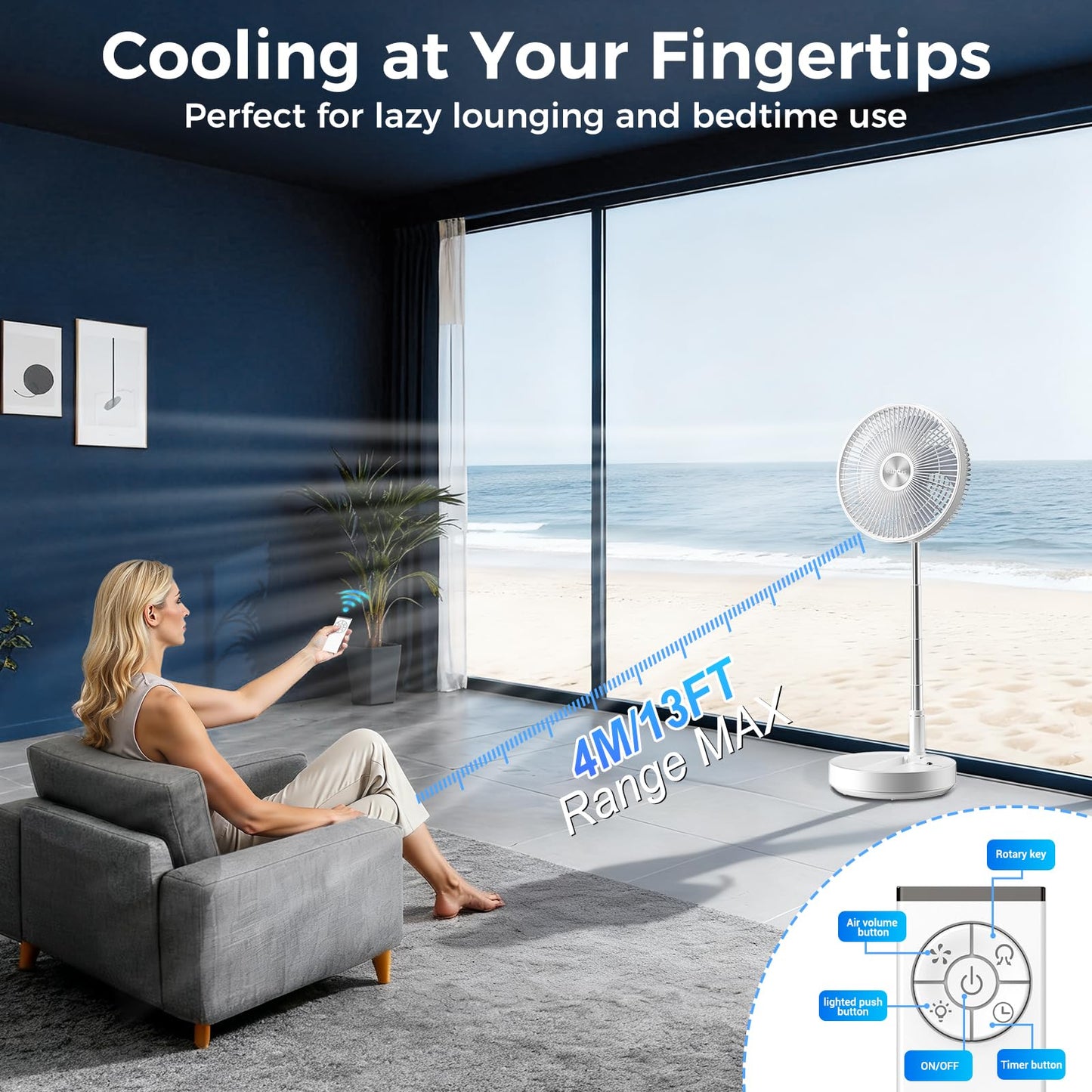 Quntis 10" Foldable Floor Fan with Remote, Rechargeable 3-Adjust Height Standing Fan,Timer & 4-Speed Air Circulation Quiet Oscillating Fan, Portable Pedestal Fan for Home Bedroom Office Travel, White