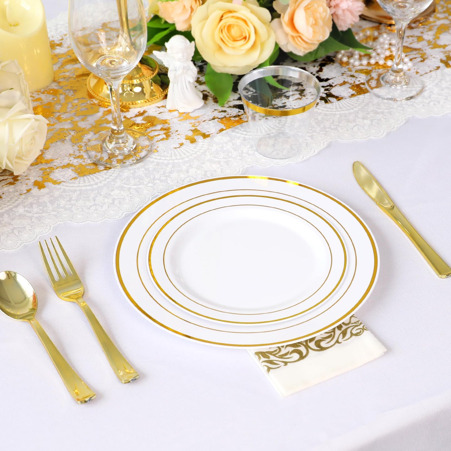 100 Pieces Gold Plastic Plates, Disposable Party Plates White Gold Rim, 50 Heavy Duty Dinner 10.25 Inch Plates and 50 Disposable Dessert Appetizer Elegant Fancy Wedding 7.5 Inch Plates