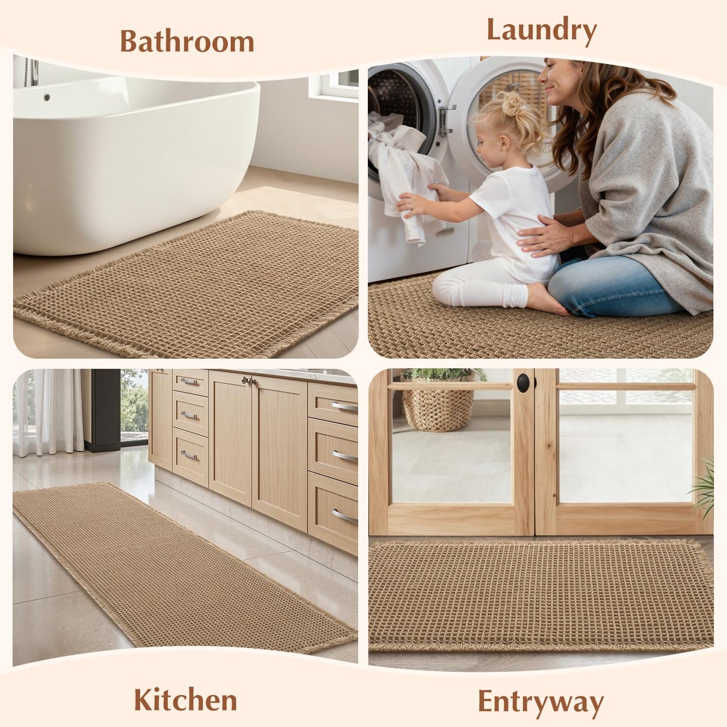Rvolst Bath Mat Rug for Bathroom Waffle Woven Bathroom Mat Super Absorbent Machine Washable Non Slip Farmhouse Boho Bathroom Rug 61x92cm Brown