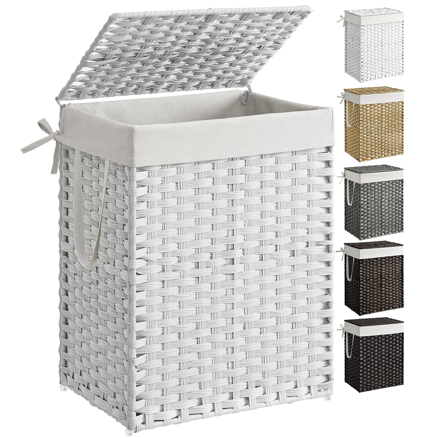 SONGMICS Laundry Hamper with Lid, 23.8 Gallon (90 L) Synthetic Rattan Clothes Laundry Basket with Lid and Handles, Foldable, Removable Liner, Snow White ULCB051W01V1