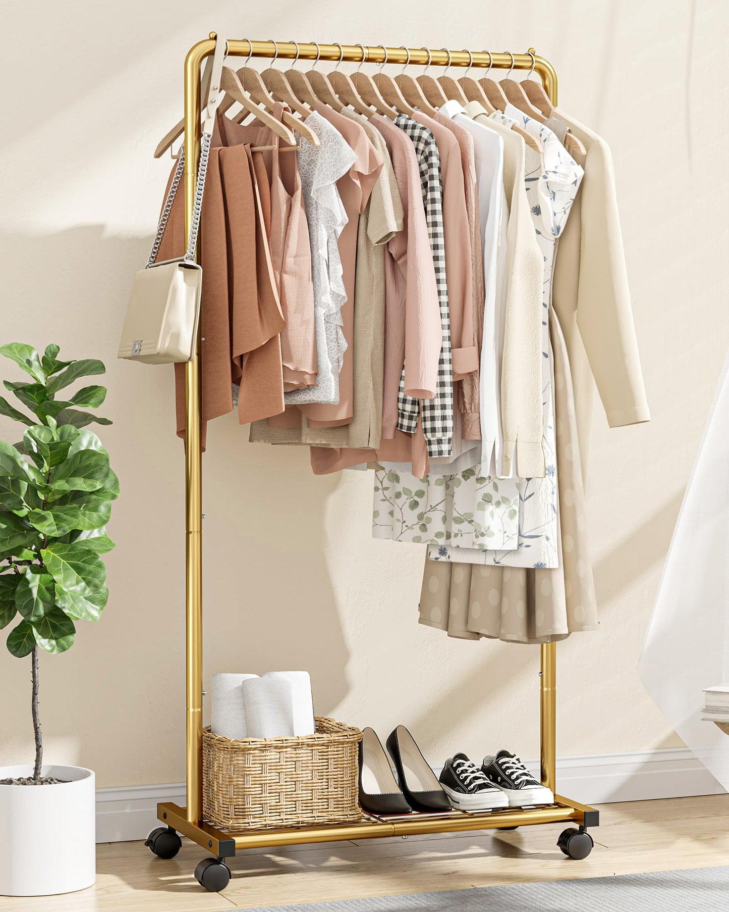Sakugi Clothing Rack - Movable Multi-Functional Coat Rack with 4 Universal Wheels, Long-Lasting Metal Clothes Rack with Extra Storage Shelf for Bedroom, Office, Laundry(Gold, 73W x 37.5D x 150H cm)