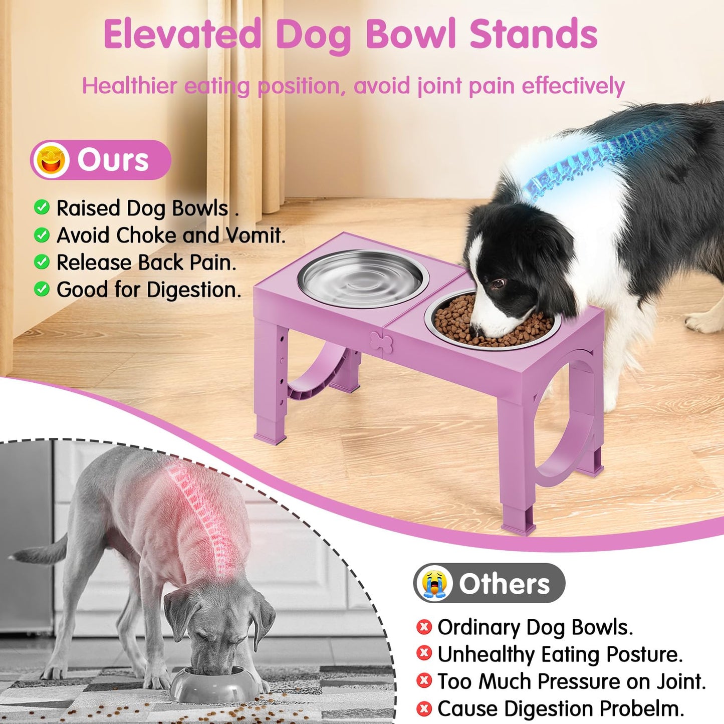 XiaZ Elevated Dog Bowl, 5 Heights Adjustable 9|11|12|14in Dog Raised Bowl Stand with Two 1L Stainless Steel Dog Food and Water Bowls, Pet Bowl Holder to Protect Dogs Joints for Small Medium Large Dogs