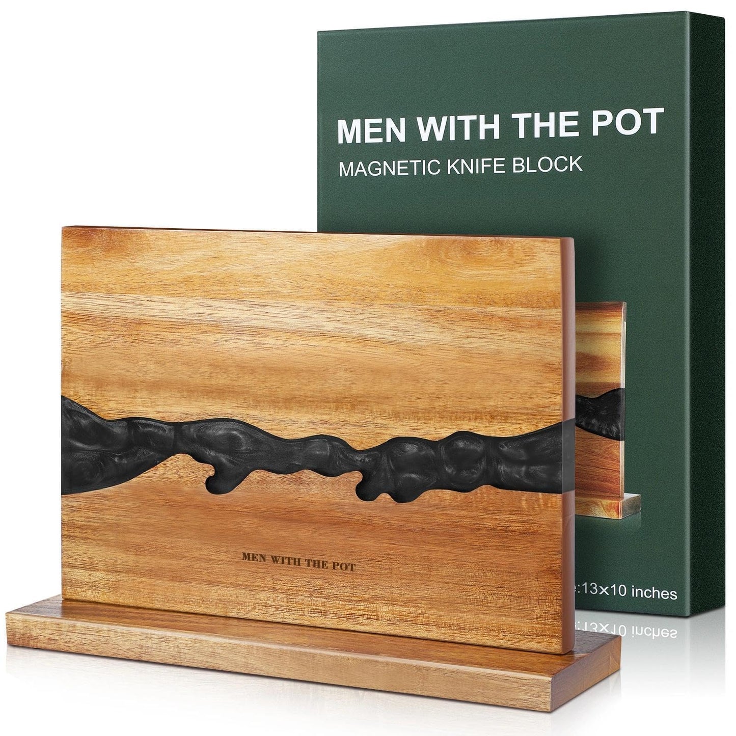 Men with THE Pot 13 x 10 Inches Magnetic Knife Block, Double Sided Powerful Wood & Black Flow Pattern Magnetic Kitchen Knife Holder Stand, Knife Storage Organizer, Cooking Gifts for Men Dad