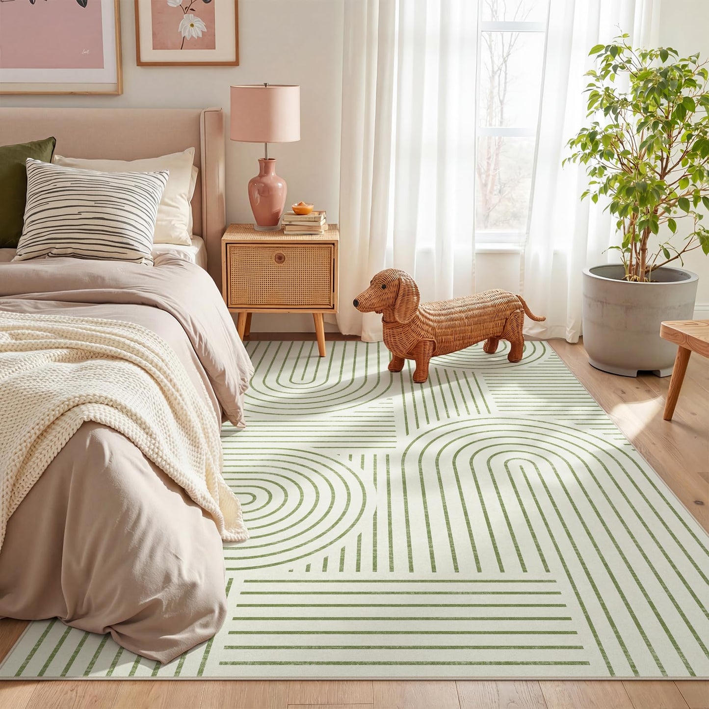 Dadasgk Washable Area Rug 5x7 - Boho Living Room Rug Soft Indoor Carpet Ultra-Thin Sage Green Modern Abstract Rainbow Rugs for Bedroom Dining Room Nursery Classroom Home Decor