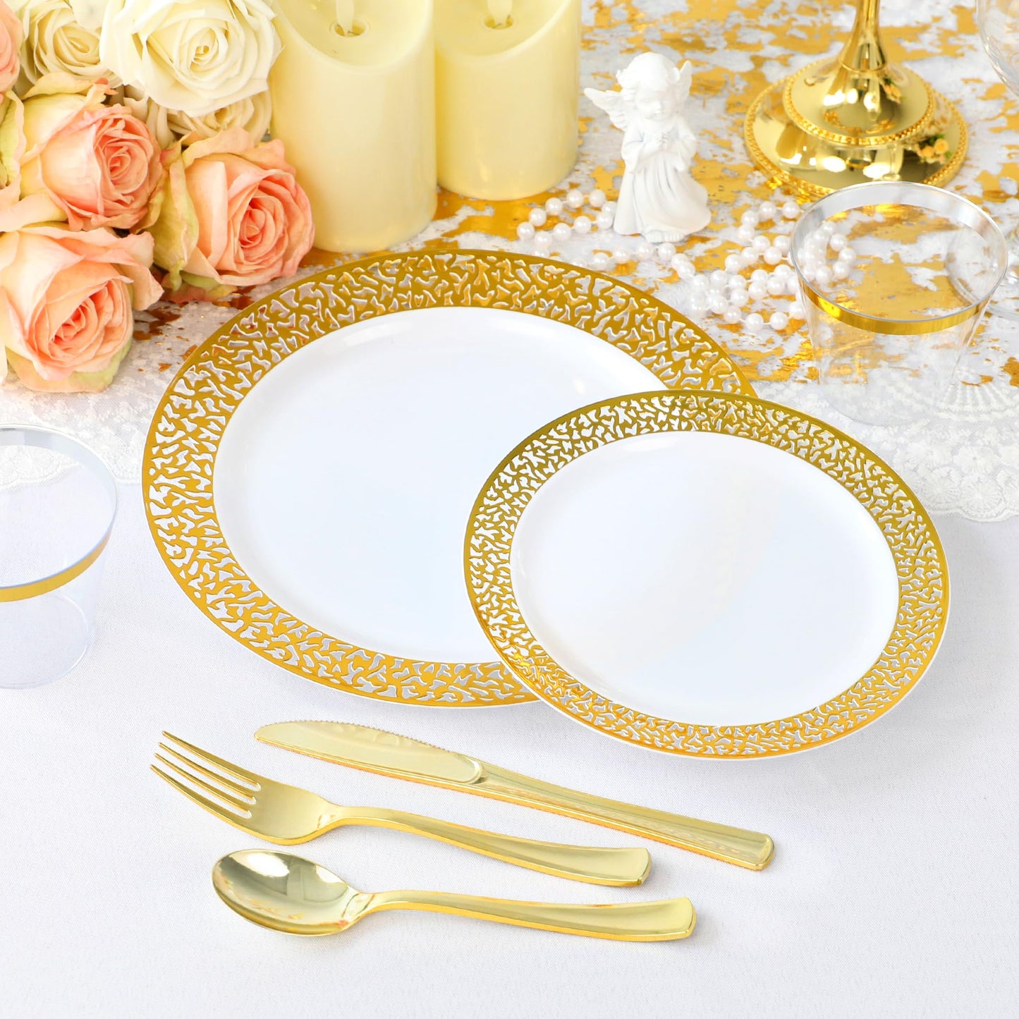 350 Piece Dinnerware Set for Wedding & Party,50 Guest Lace Design Plastic Plates,50 Plastic Silverware,50 Cups,50 Linen Like Napkins,50 Guest Disposable Dinnerware Set (Gold)