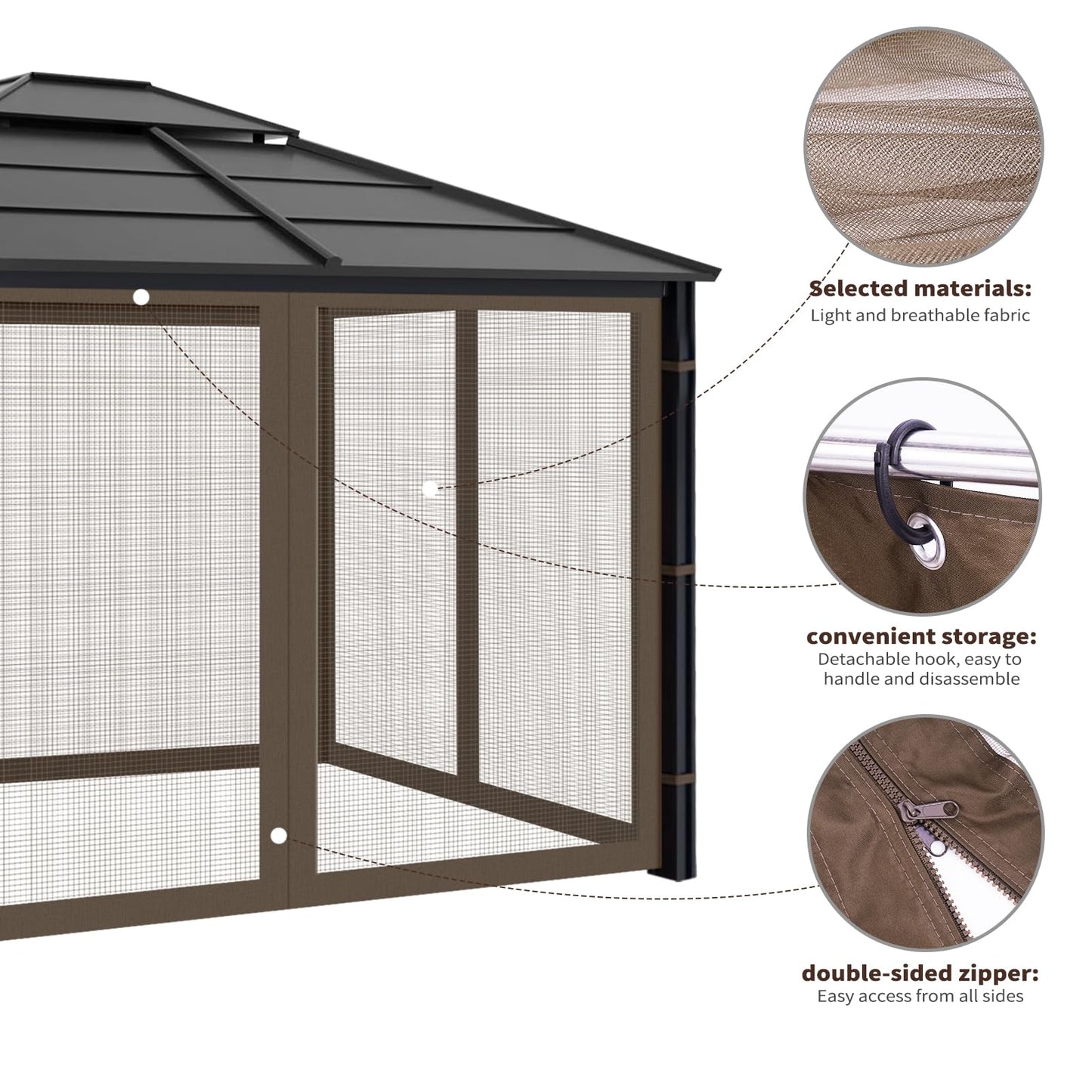 Gazebo Replacement Mosquito Netting Outdoor Universal Gazebo Canopy 4-Panels Screen Sidewalls with Zipper for Patio Garden Yard Backyard (Mosquito Net Only) (10x10, Coffee)